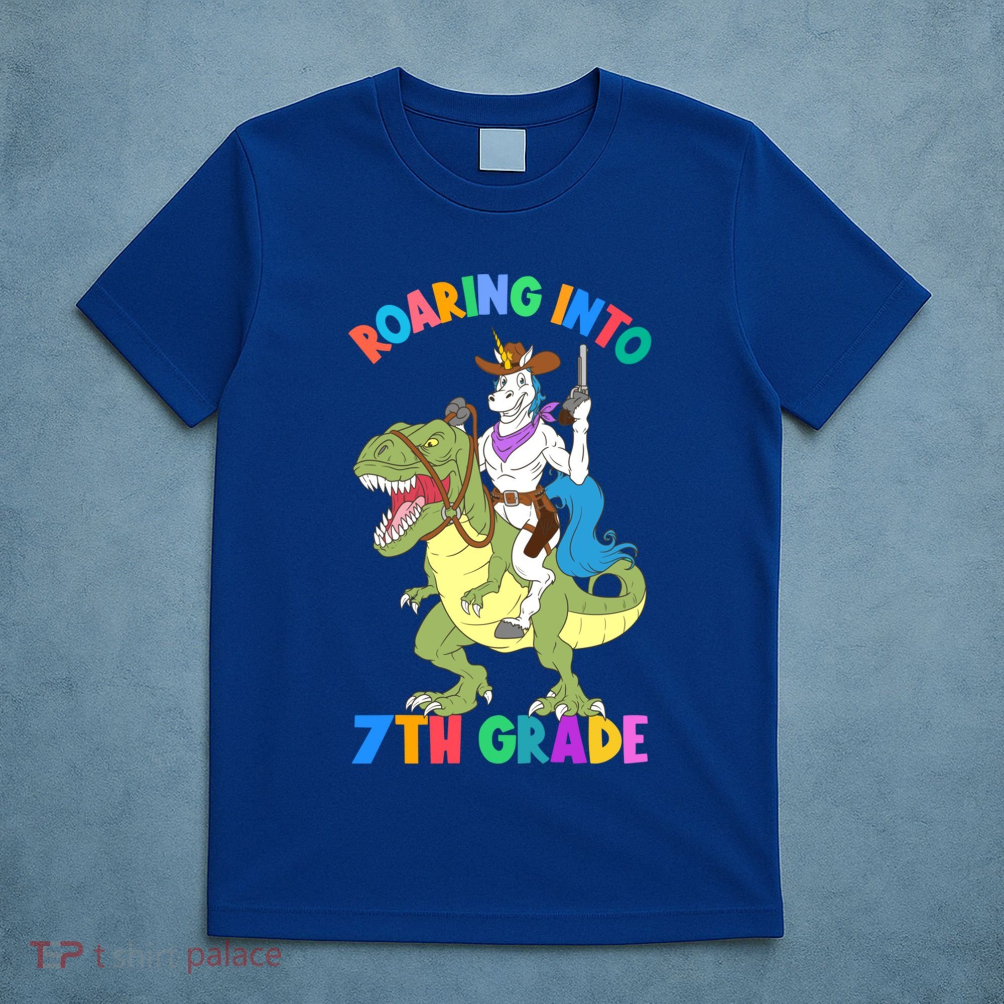Roaring Into 7th Grade Unicorn Riding Dinosaur Back School Funny Gift T-Shirt