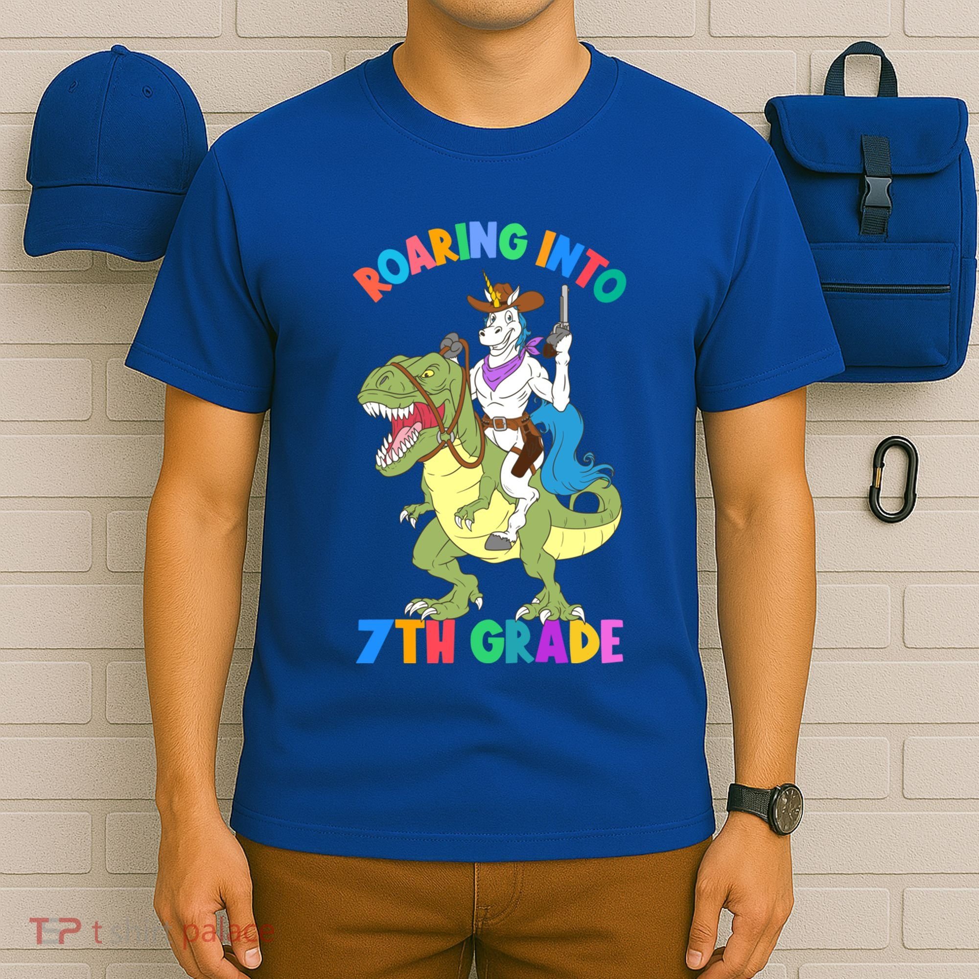 Roaring Into 7th Grade Unicorn Riding Dinosaur Back School Funny Gift T-Shirt