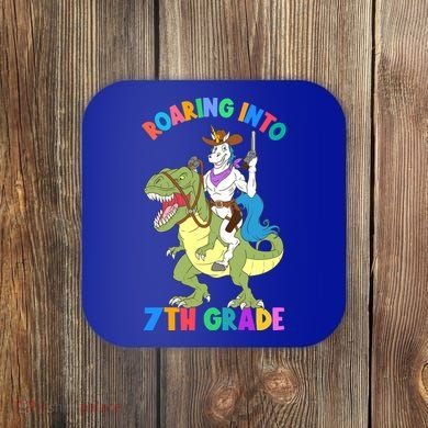 Roaring Into 7th Grade Unicorn Riding Dinosaur Back School Funny Gift Coaster