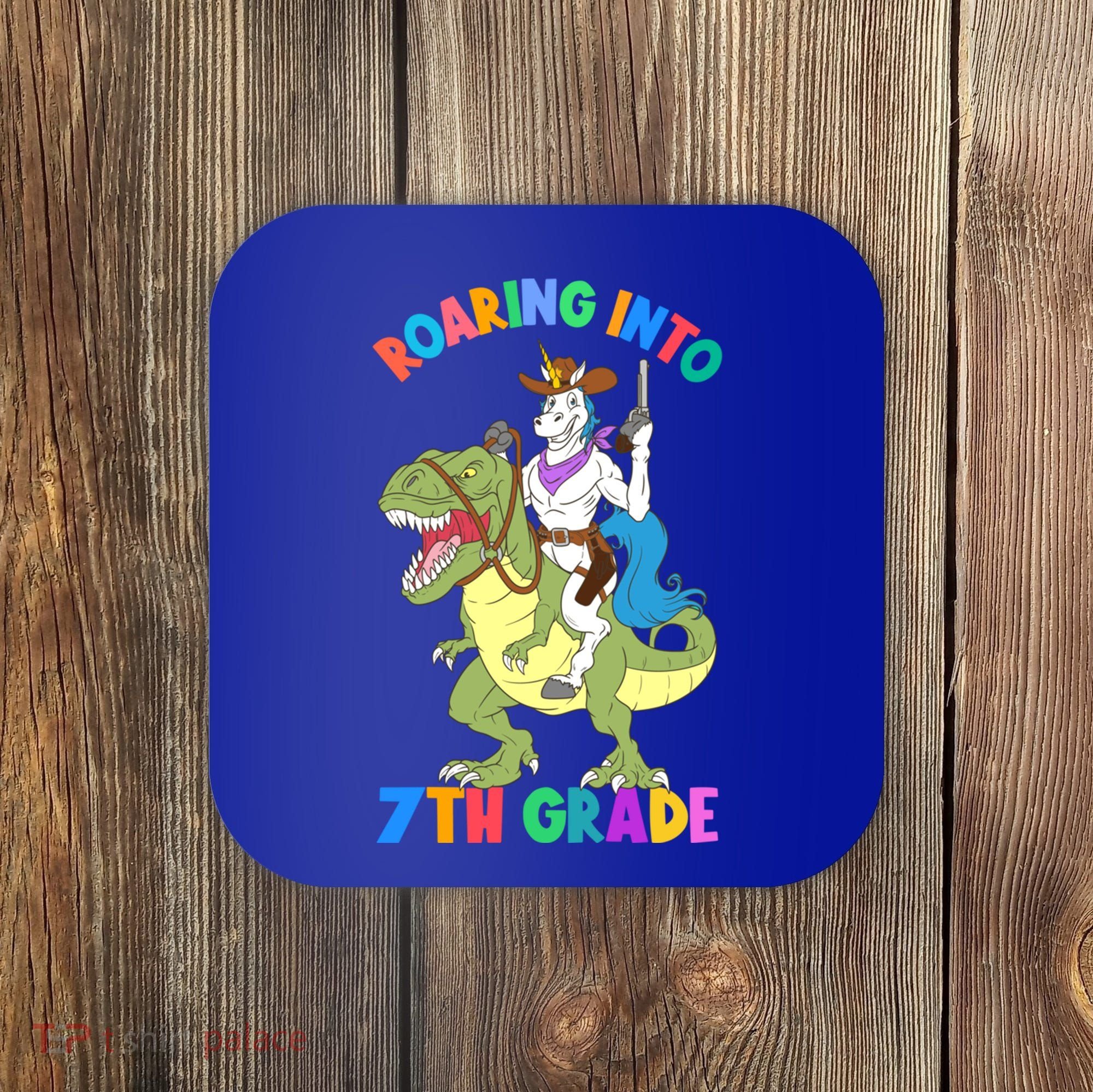 Roaring Into 7th Grade Unicorn Riding Dinosaur Back School Funny Gift Coaster