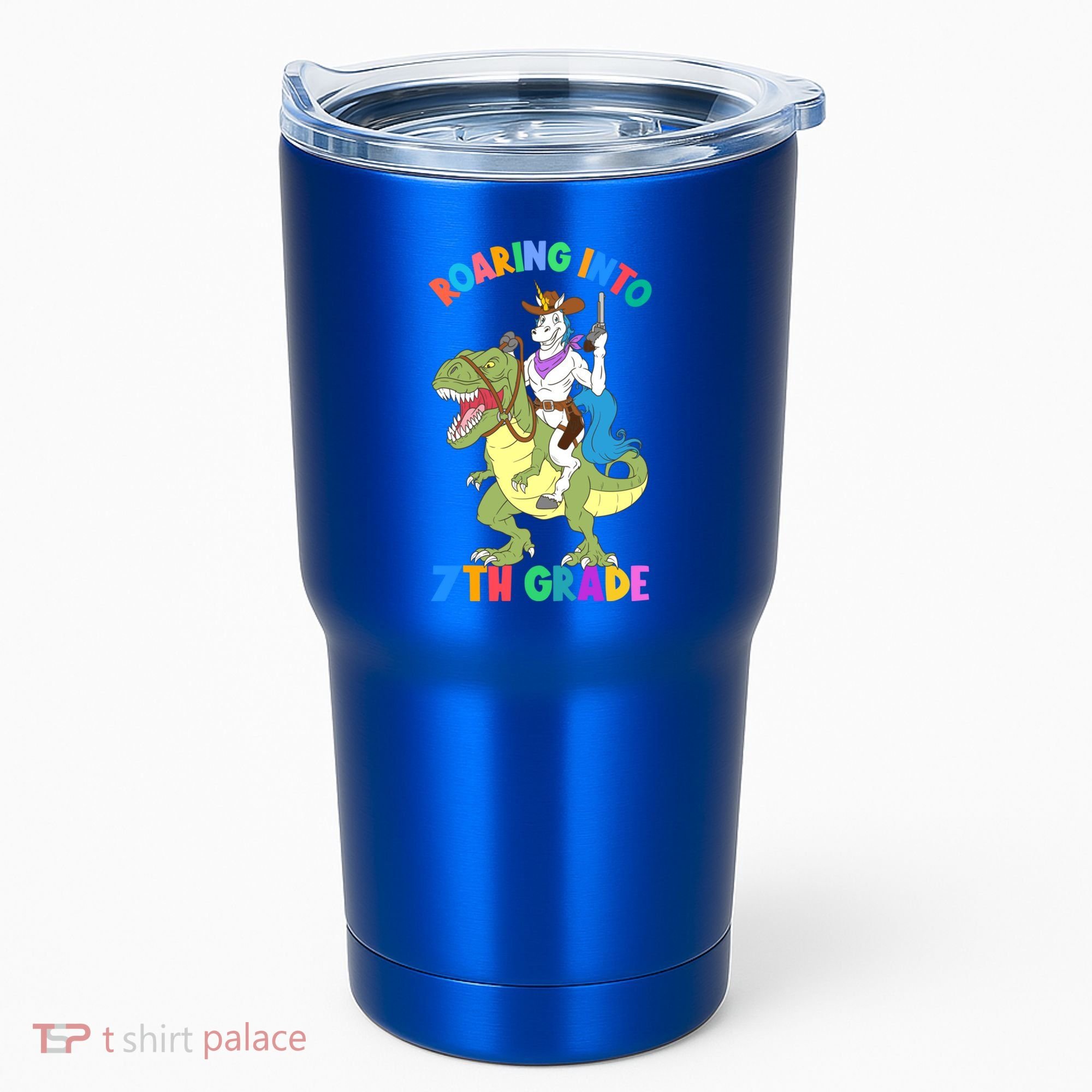 Roaring Into 7th Grade Unicorn Riding Dinosaur Back School Funny Gift Tumbler