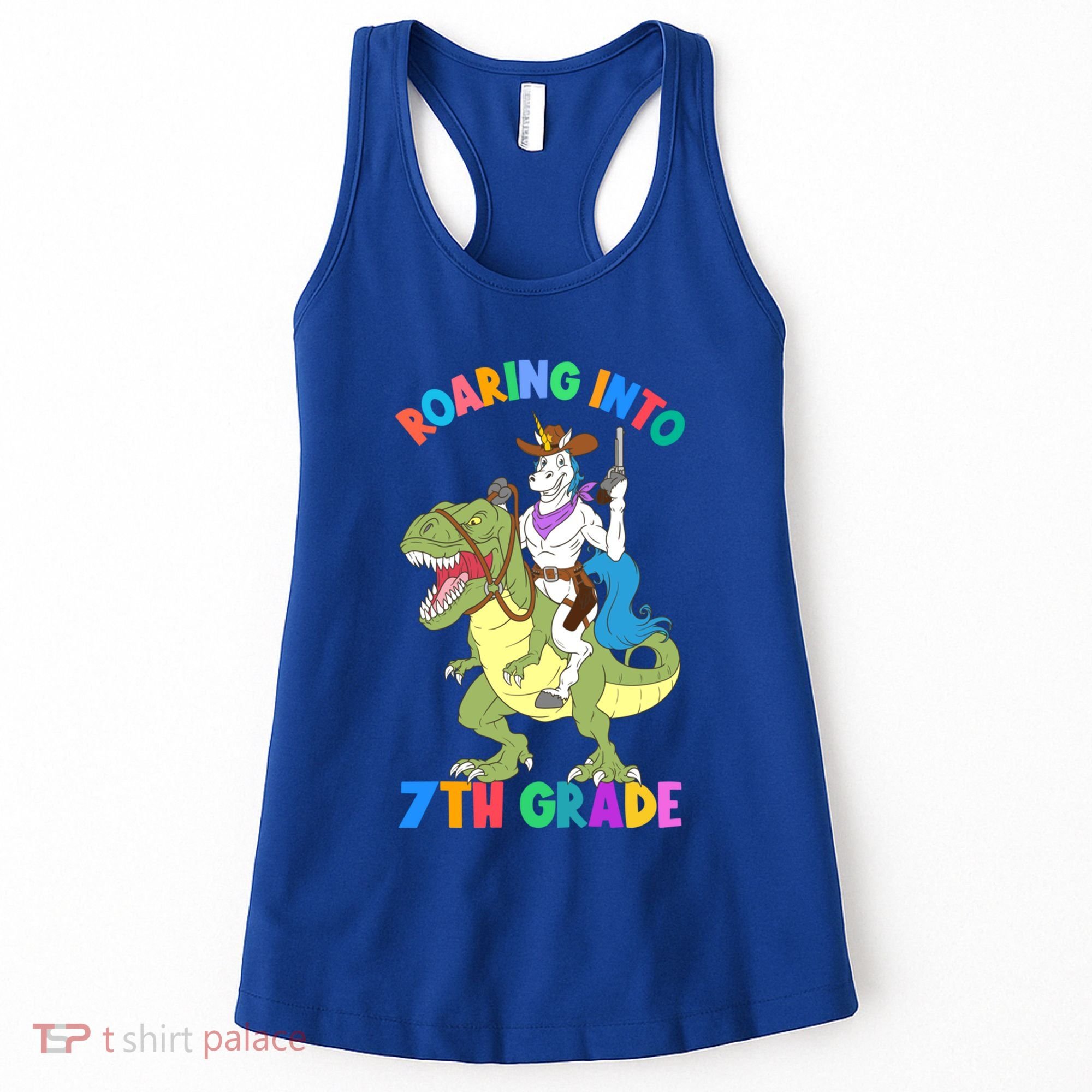 Roaring Into 7th Grade Unicorn Riding Dinosaur Back School Funny Gift Women's Tank Top