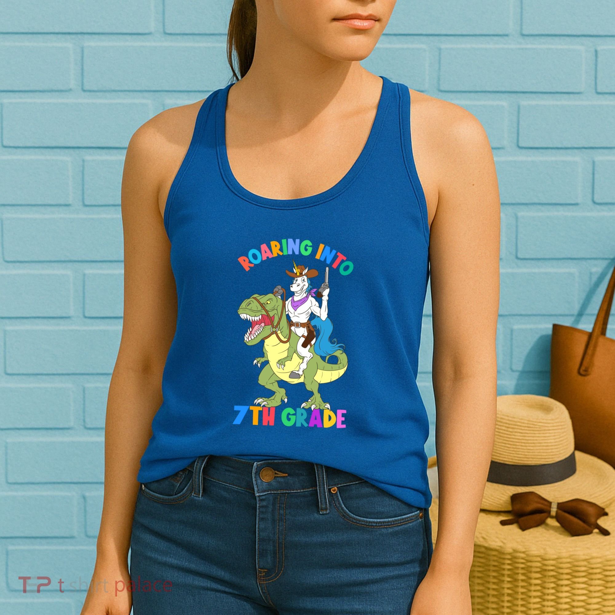Roaring Into 7th Grade Unicorn Riding Dinosaur Back School Funny Gift Women's Tank Top