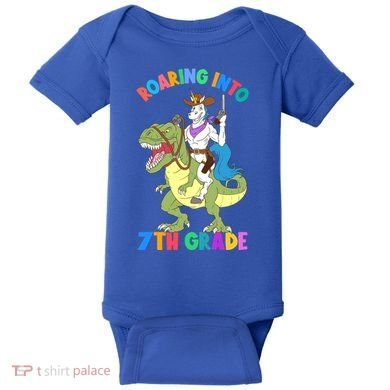 Roaring Into 7th Grade Unicorn Riding Dinosaur Back School Funny Gift Baby Bodysuit