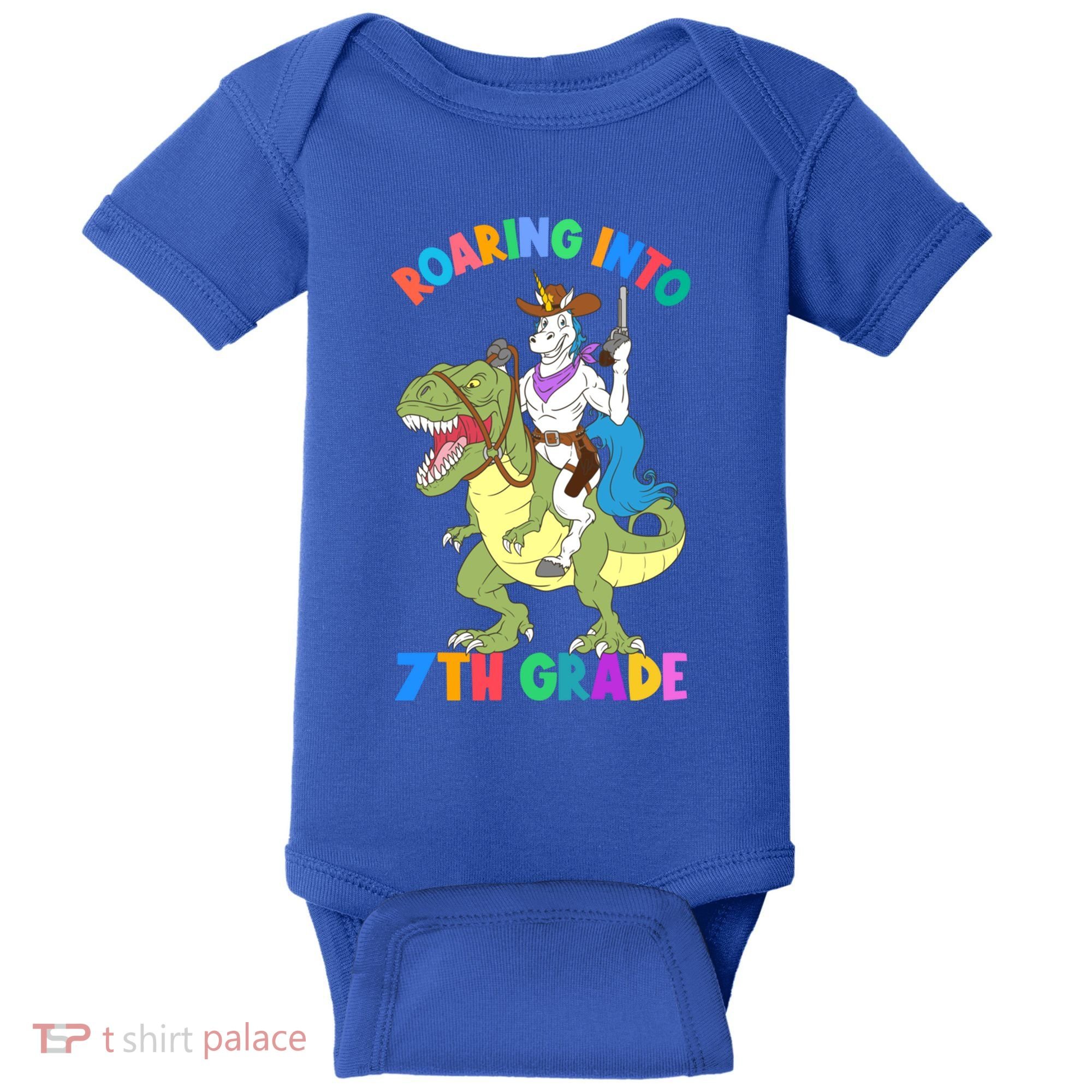 Roaring Into 7th Grade Unicorn Riding Dinosaur Back School Funny Gift Baby Bodysuit
