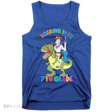 Roaring Into 7th Grade Unicorn Riding Dinosaur Back School Funny Gift Tank Top