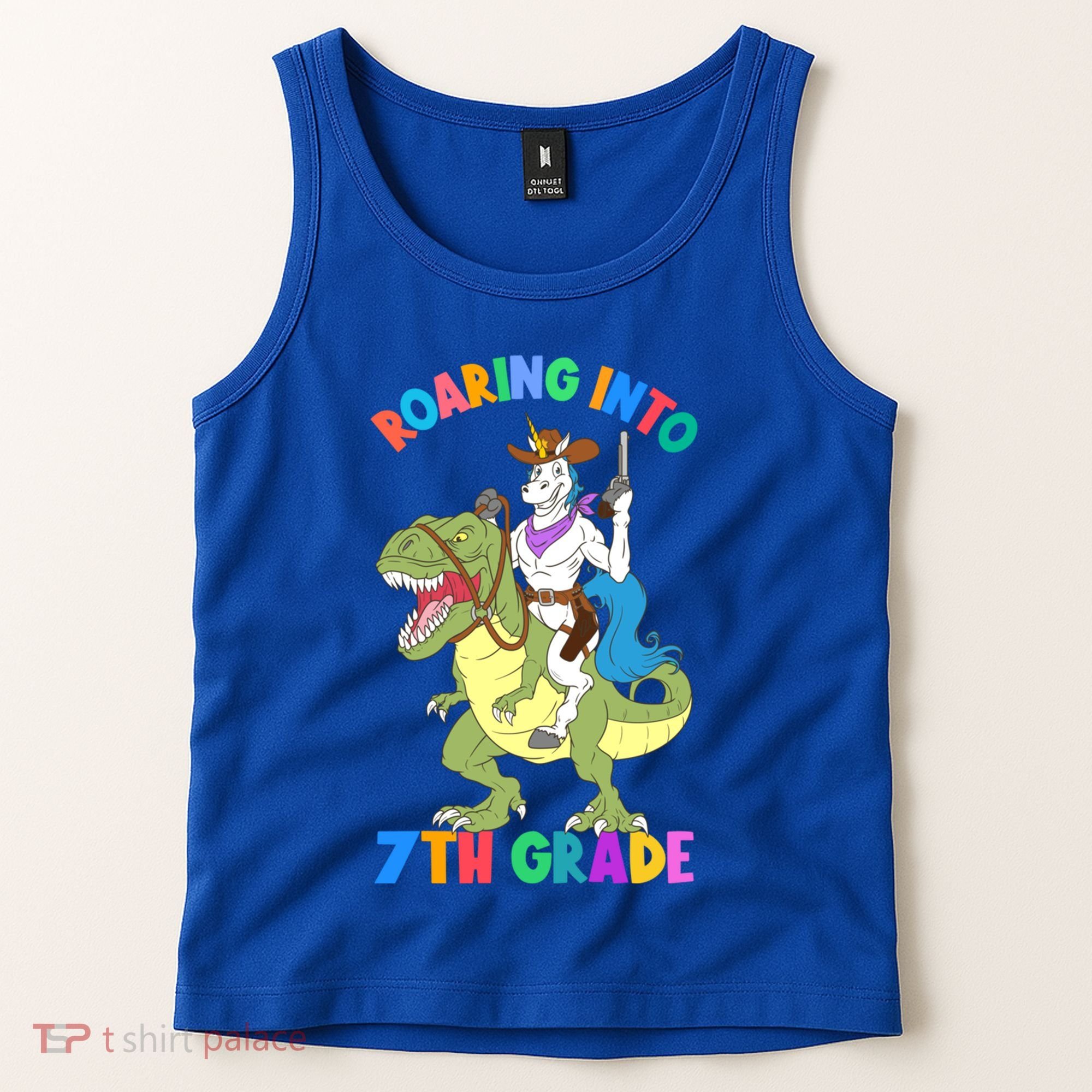 Roaring Into 7th Grade Unicorn Riding Dinosaur Back School Funny Gift Tank Top