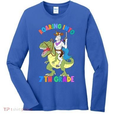 Roaring Into 7th Grade Unicorn Riding Dinosaur Back School Funny Gift Women's Long Sleeve Shirt