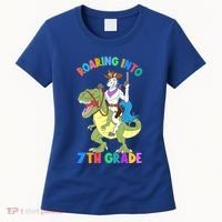 Roaring Into 7th Grade Unicorn Riding Dinosaur Back School Funny Gift Women's T-Shirt thumb 0