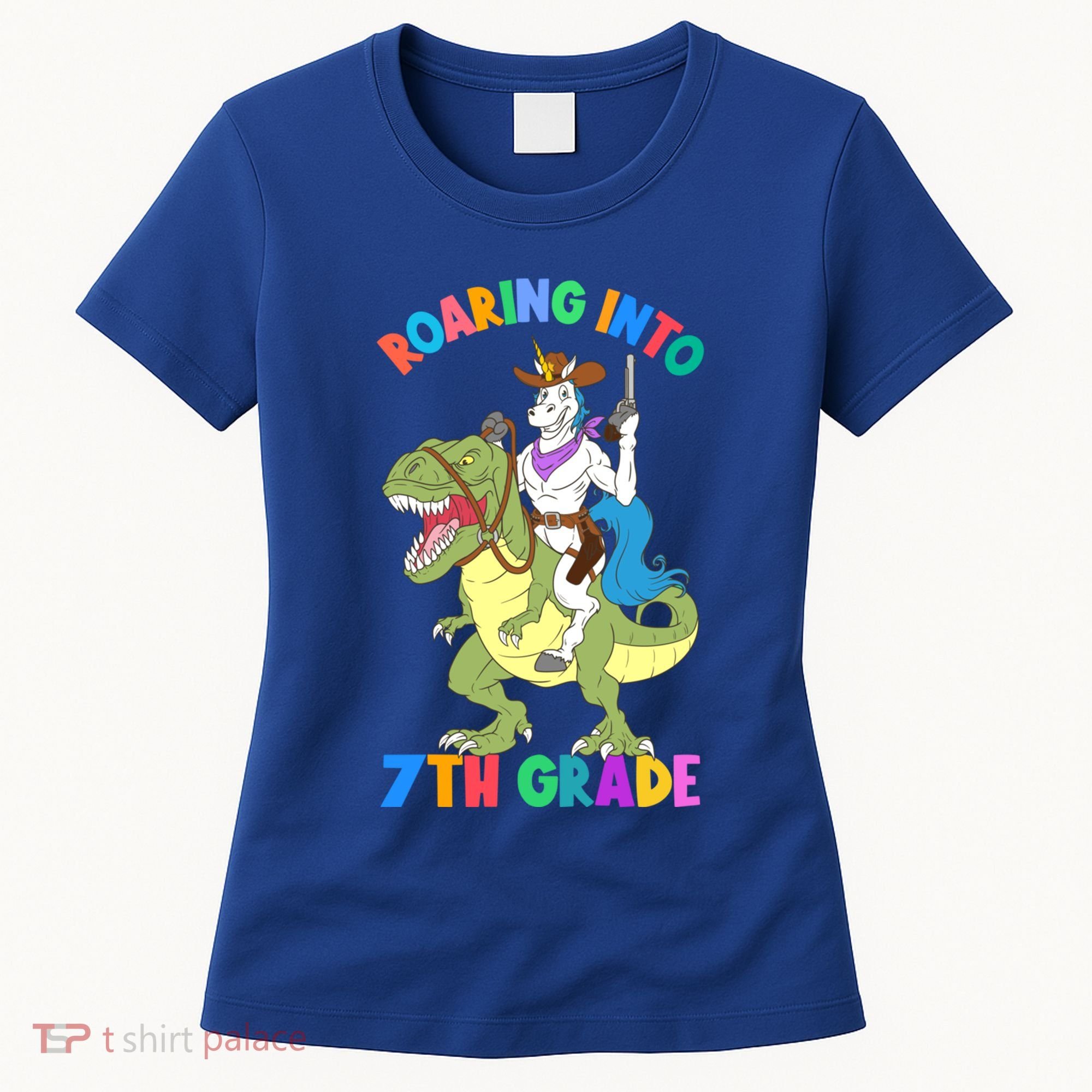 Roaring Into 7th Grade Unicorn Riding Dinosaur Back School Funny Gift Women's T-Shirt