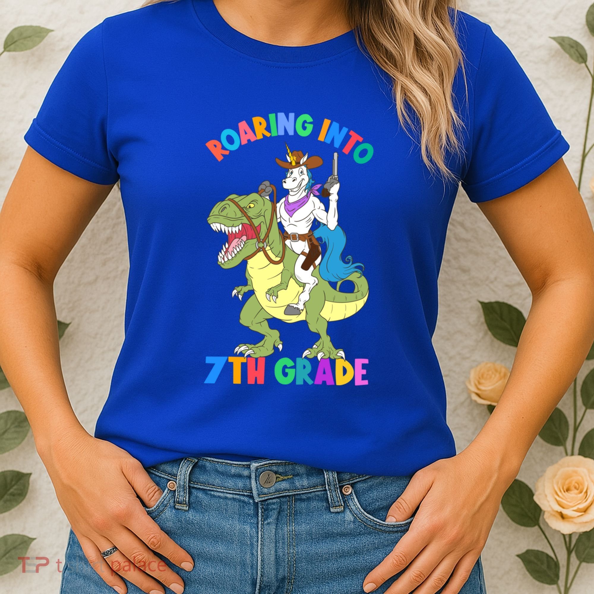 Roaring Into 7th Grade Unicorn Riding Dinosaur Back School Funny Gift Women's T-Shirt