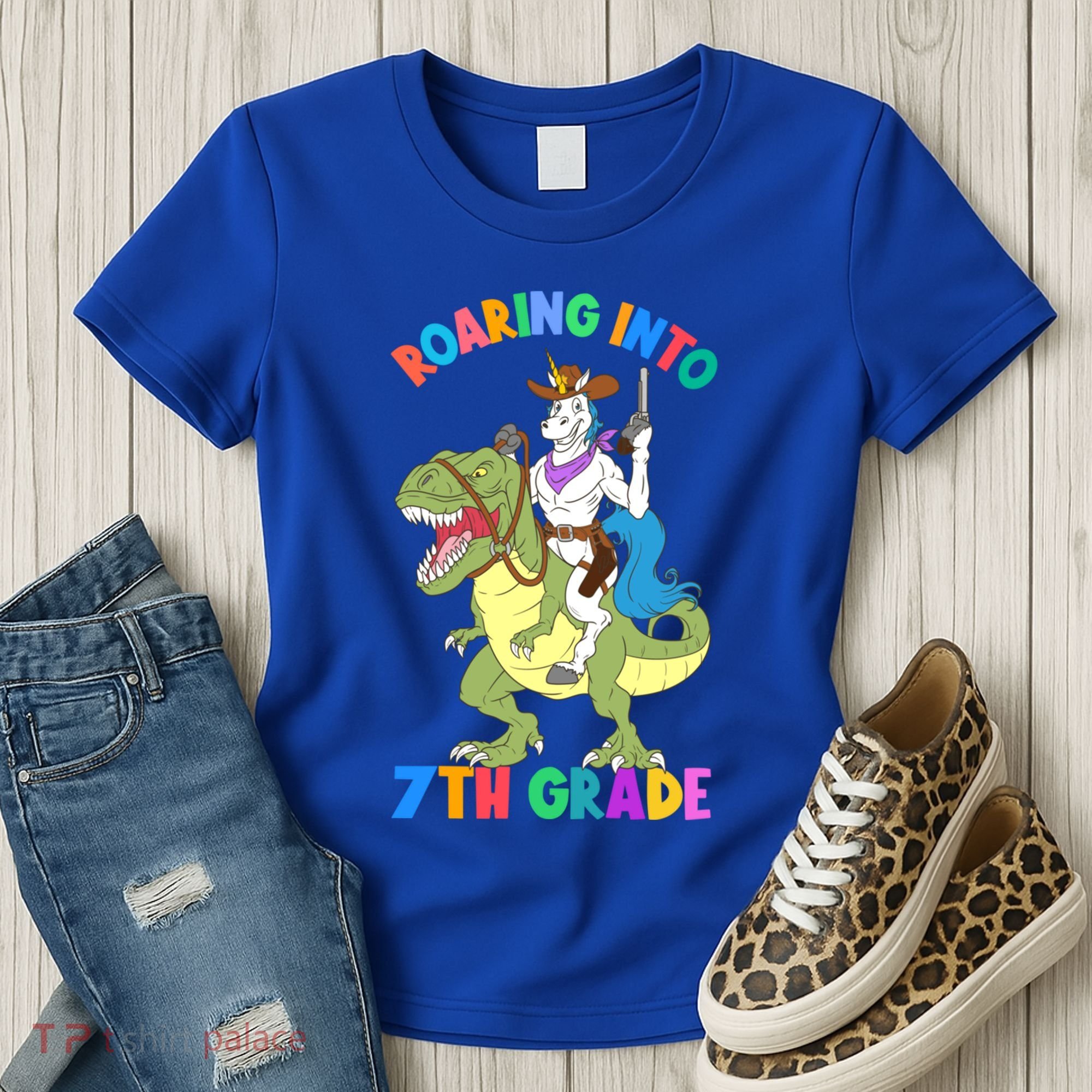 Roaring Into 7th Grade Unicorn Riding Dinosaur Back School Funny Gift Women's T-Shirt
