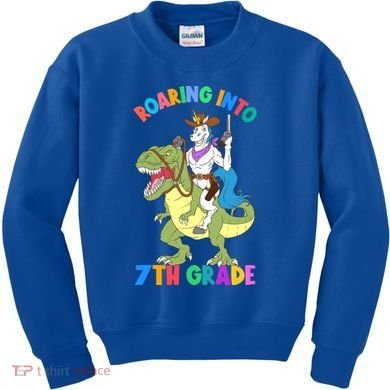 Roaring Into 7th Grade Unicorn Riding Dinosaur Back School Funny Gift Kids Sweatshirt