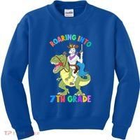 Roaring Into 7th Grade Unicorn Riding Dinosaur Back School Funny Gift Kids Sweatshirt thumb 0