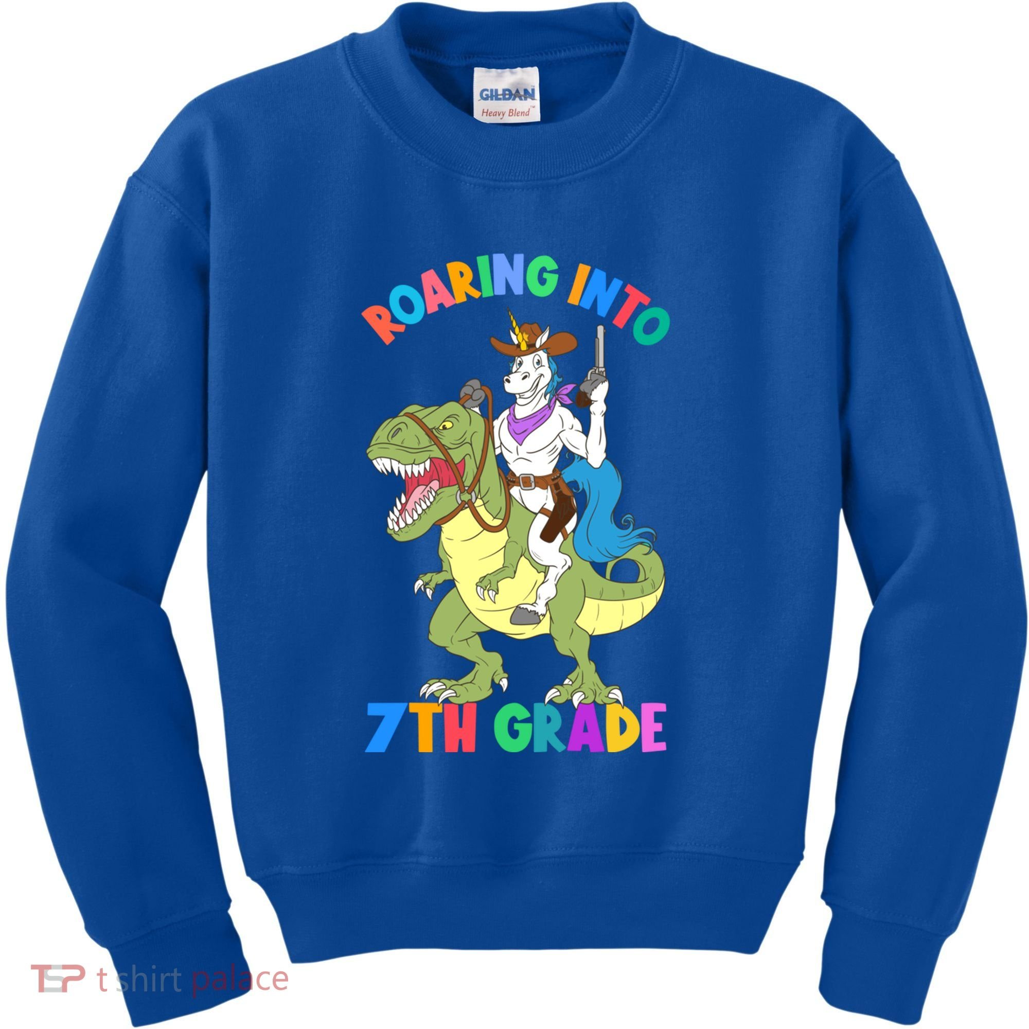 Roaring Into 7th Grade Unicorn Riding Dinosaur Back School Funny Gift Kids Sweatshirt