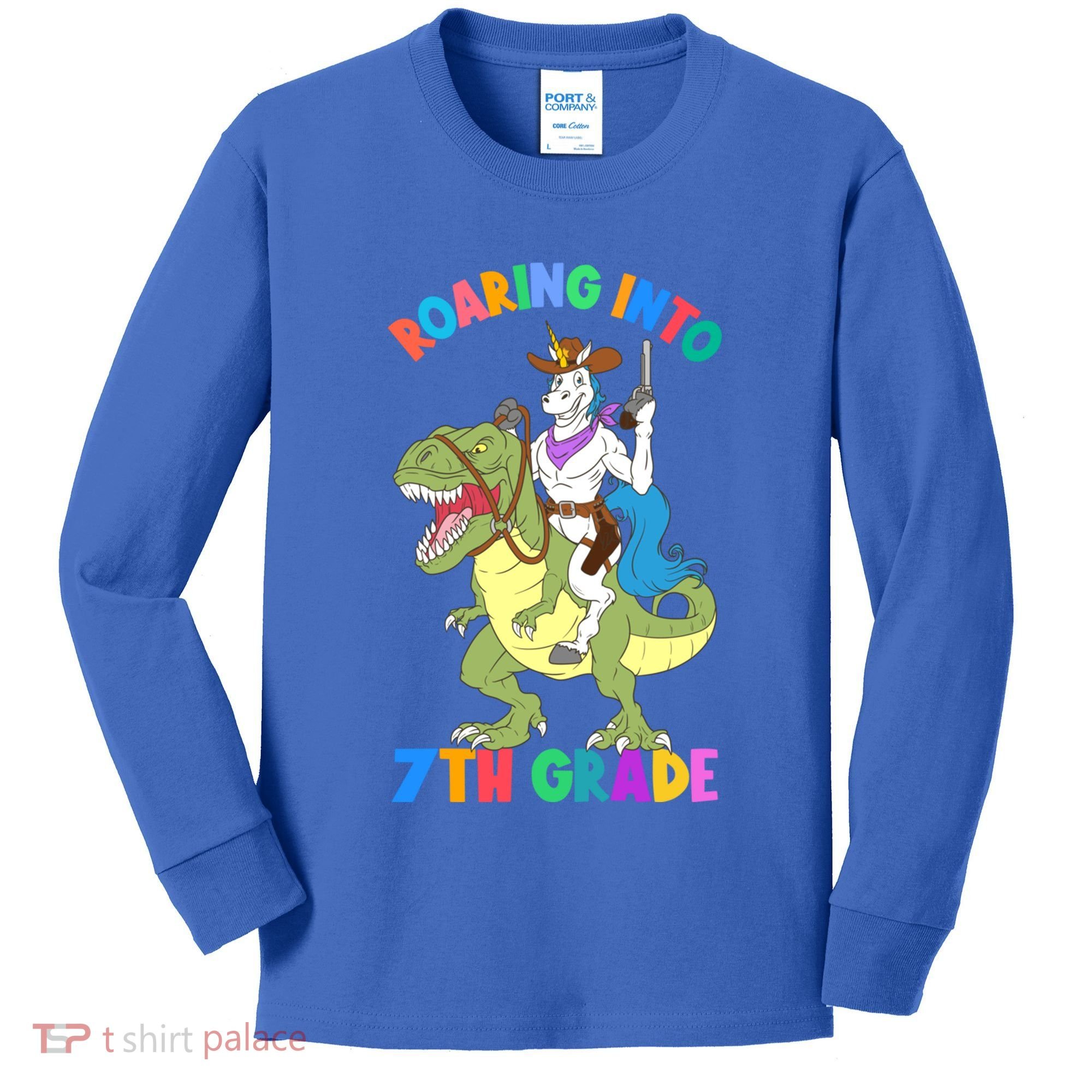 Roaring Into 7th Grade Unicorn Riding Dinosaur Back School Funny Gift Kids Long Sleeve Shirt