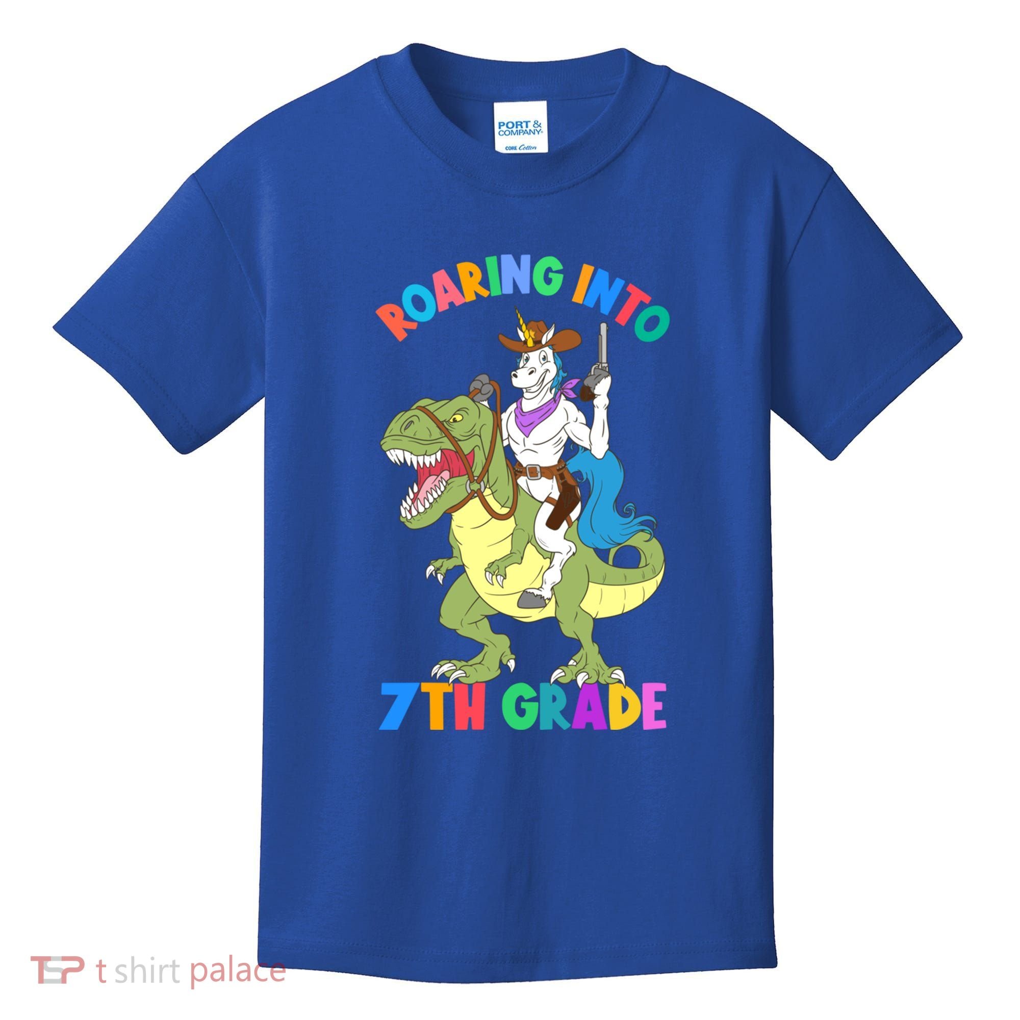 Roaring Into 7th Grade Unicorn Riding Dinosaur Back School Funny Gift Kids T-Shirt
