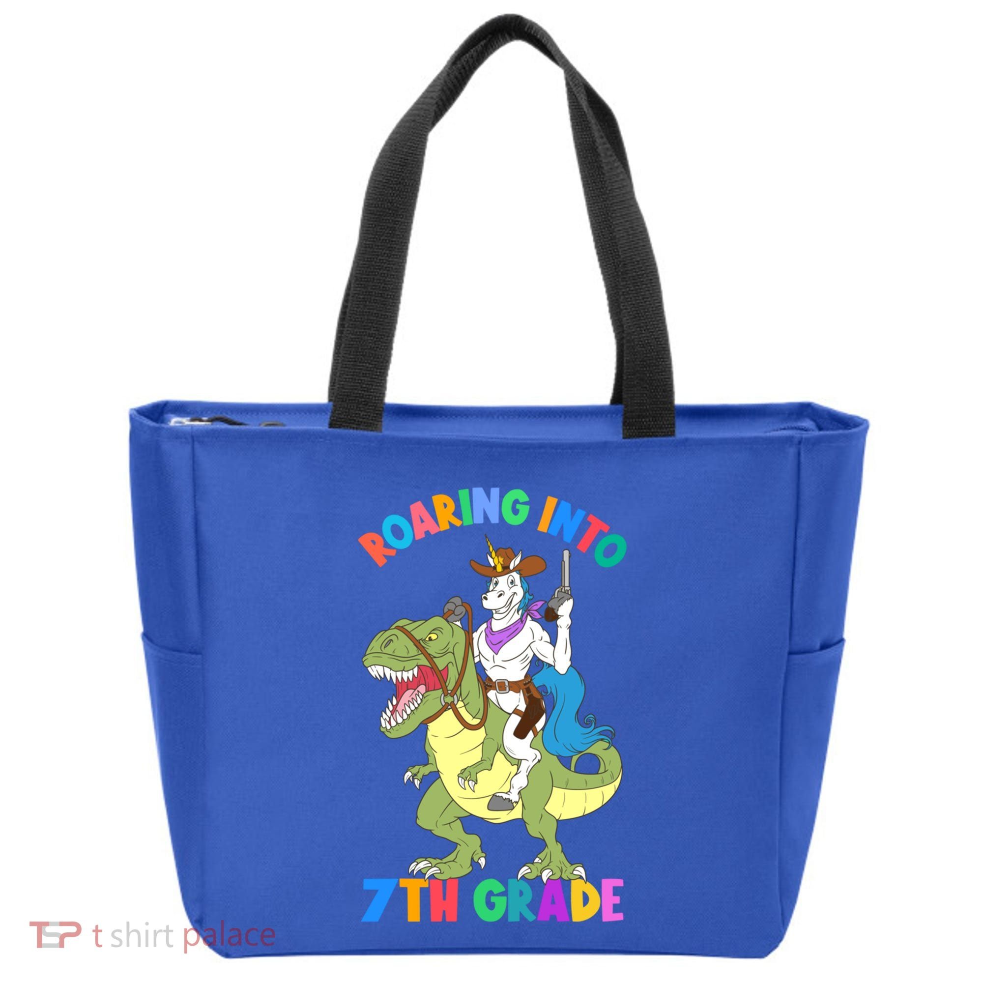 Roaring Into 7th Grade Unicorn Riding Dinosaur Back School Funny Gift Tote Bag
