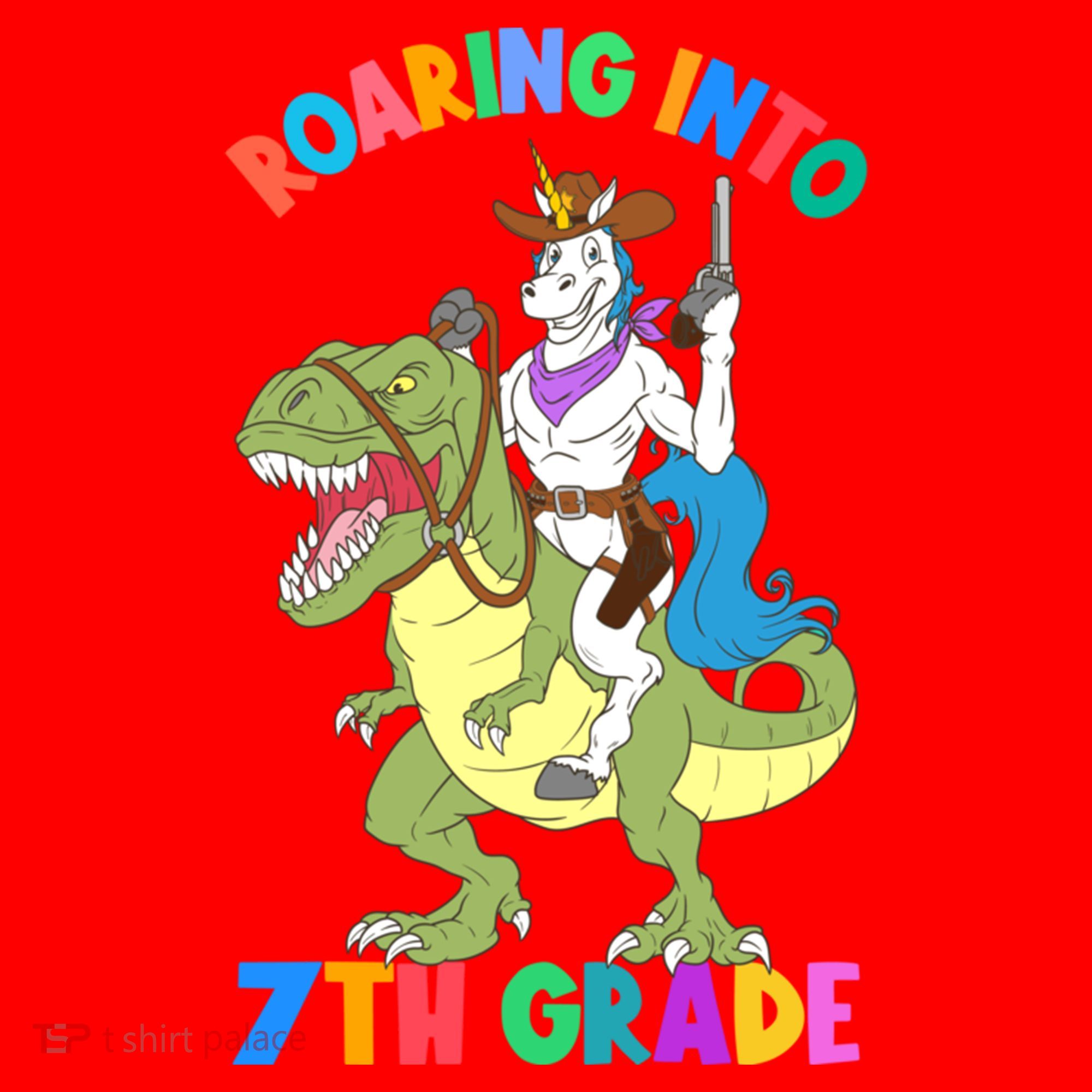Roaring Into 7th Grade Unicorn Riding Dinosaur Back School Funny Gift Santa Hat
