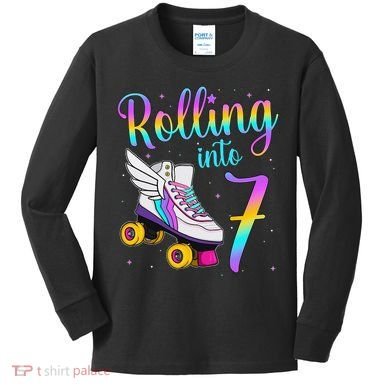 Rolling Into 7 years Lets Roll I'm Turning 7 Roller Skate Kids Long Sleeve Shirt