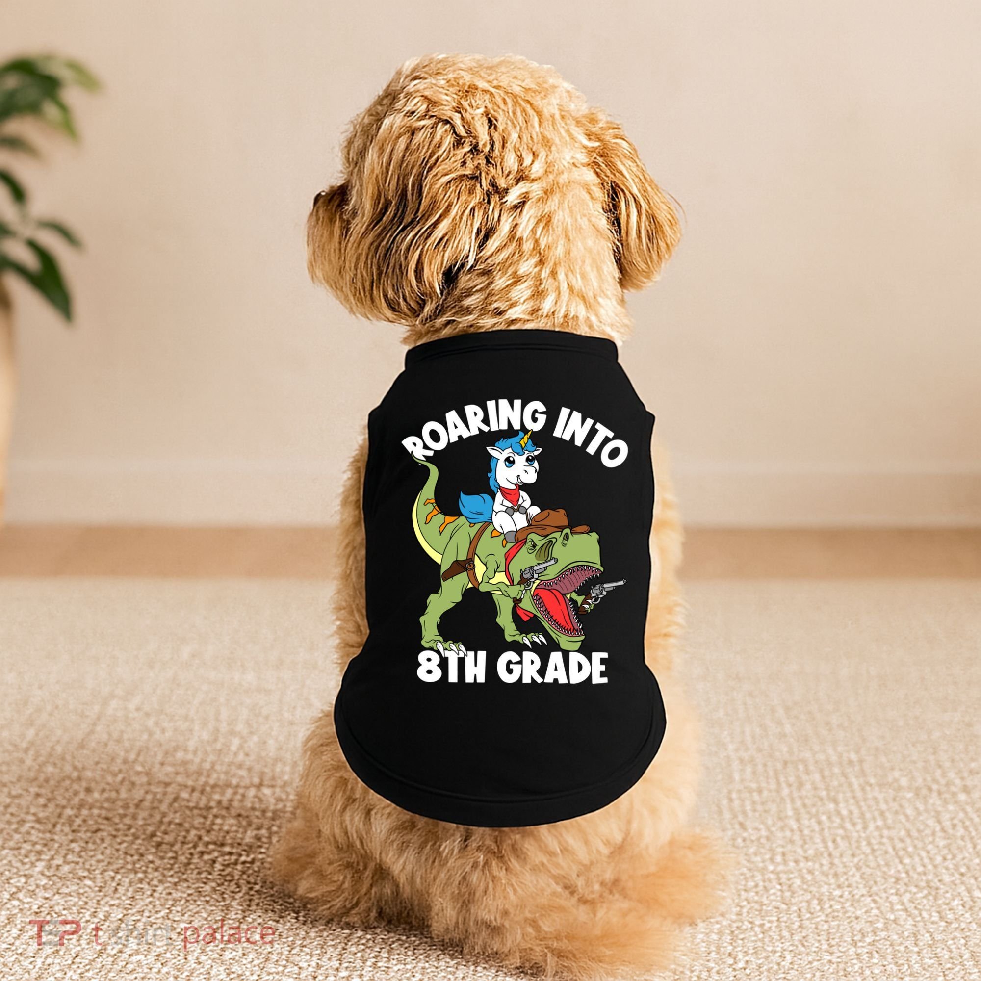 Roaring Into 8th Grade Unicorn Riding Dinosaur Gift Doggie Tank