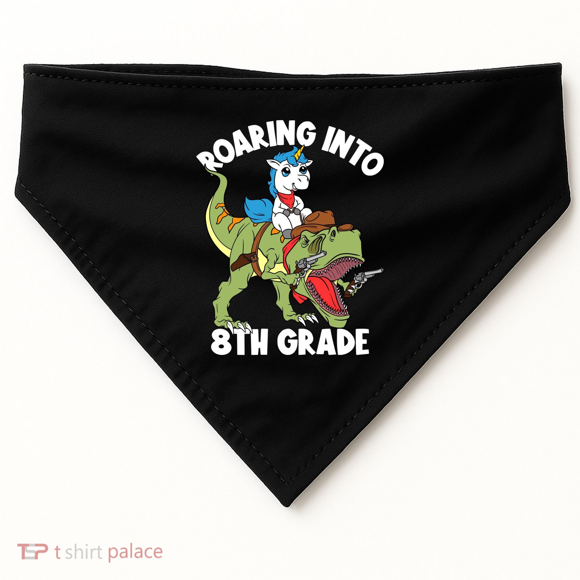 Roaring Into 8th Grade Unicorn Riding Dinosaur Gift USA-Made Doggie Bandana
