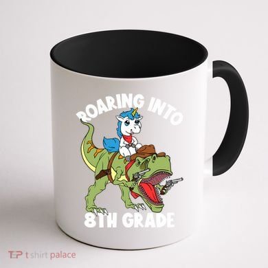 Roaring Into 8th Grade Unicorn Riding Dinosaur Gift Coffee Mug back
