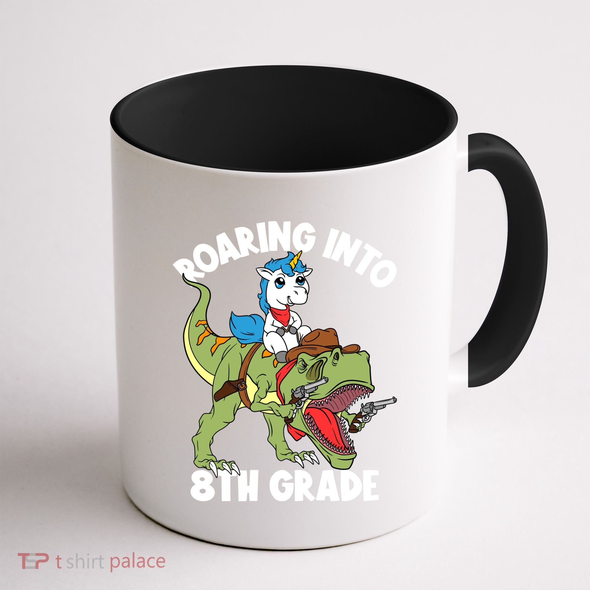 Roaring Into 8th Grade Unicorn Riding Dinosaur Gift Coffee Mug