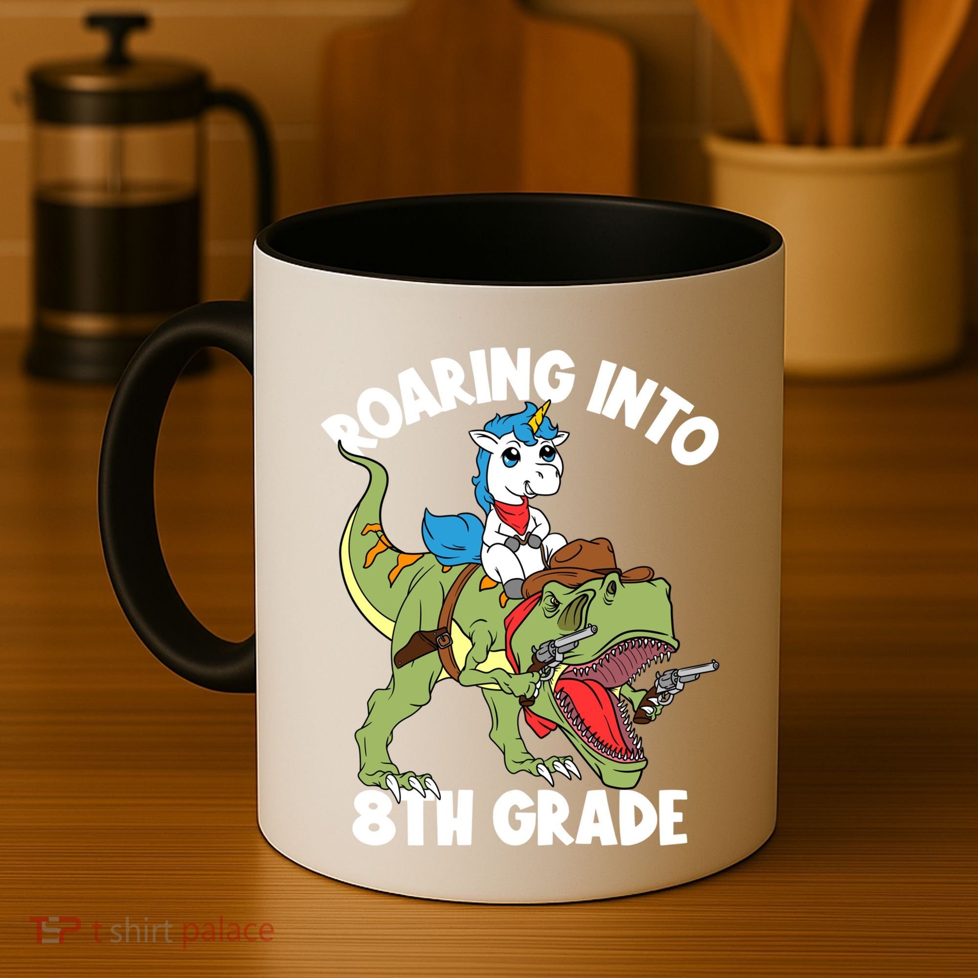 Roaring Into 8th Grade Unicorn Riding Dinosaur Gift Coffee Mug