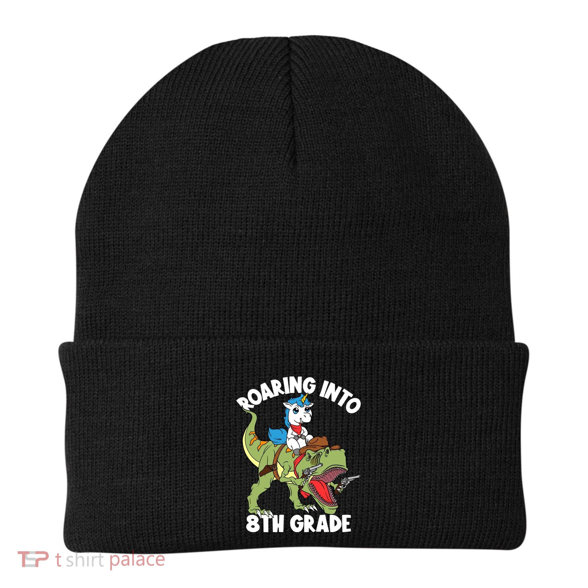 Roaring Into 8th Grade Unicorn Riding Dinosaur Gift Beanie