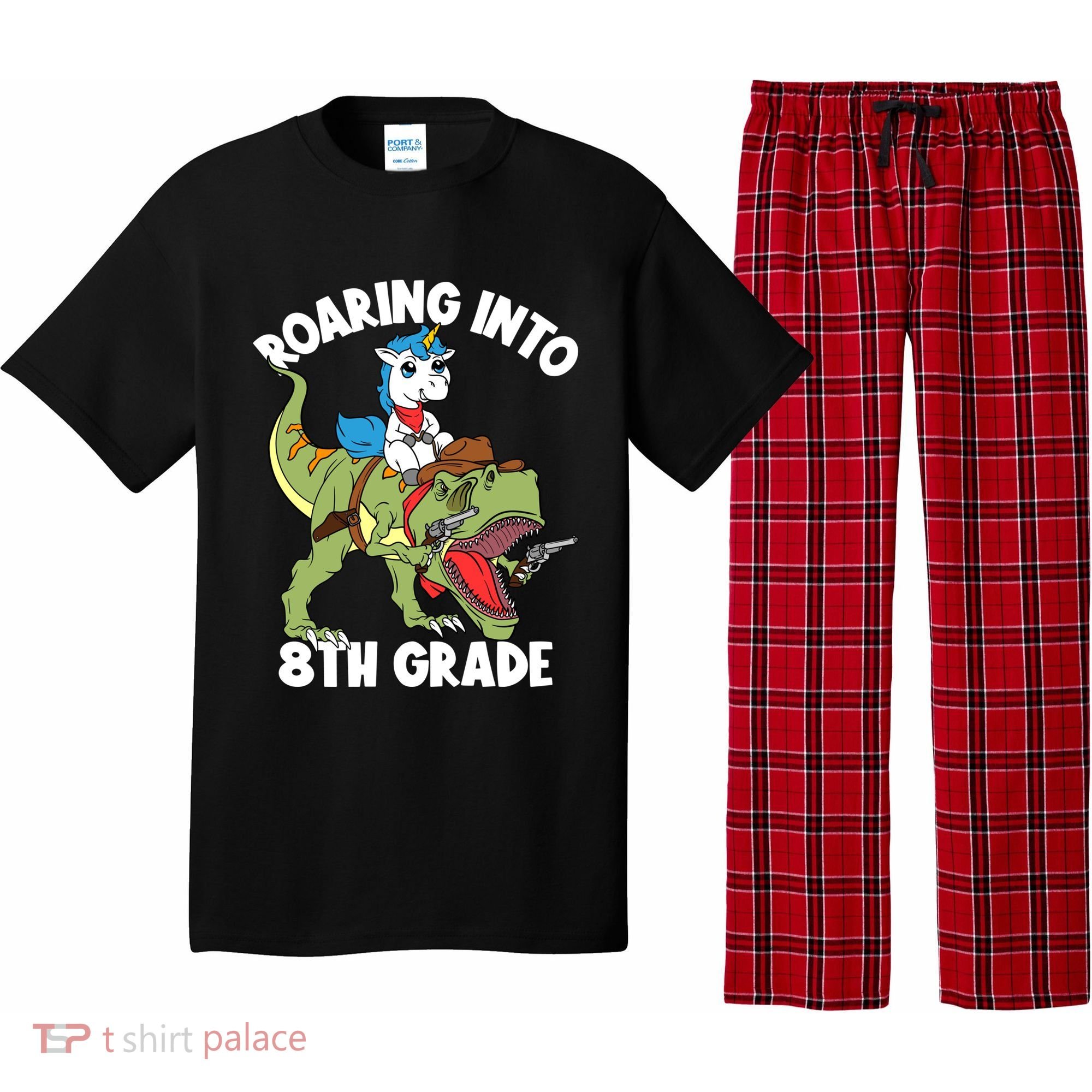 Roaring Into 8th Grade Unicorn Riding Dinosaur Gift Pajama Set