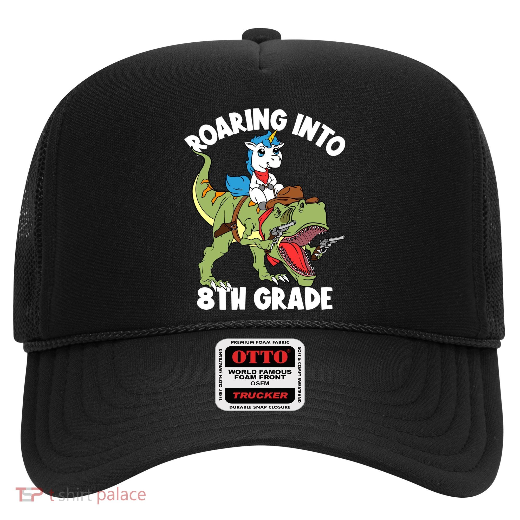 Roaring Into 8th Grade Unicorn Riding Dinosaur Gift Hat