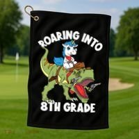 Roaring Into 8th Grade Unicorn Riding Dinosaur Gift Golf Towel thumb 1