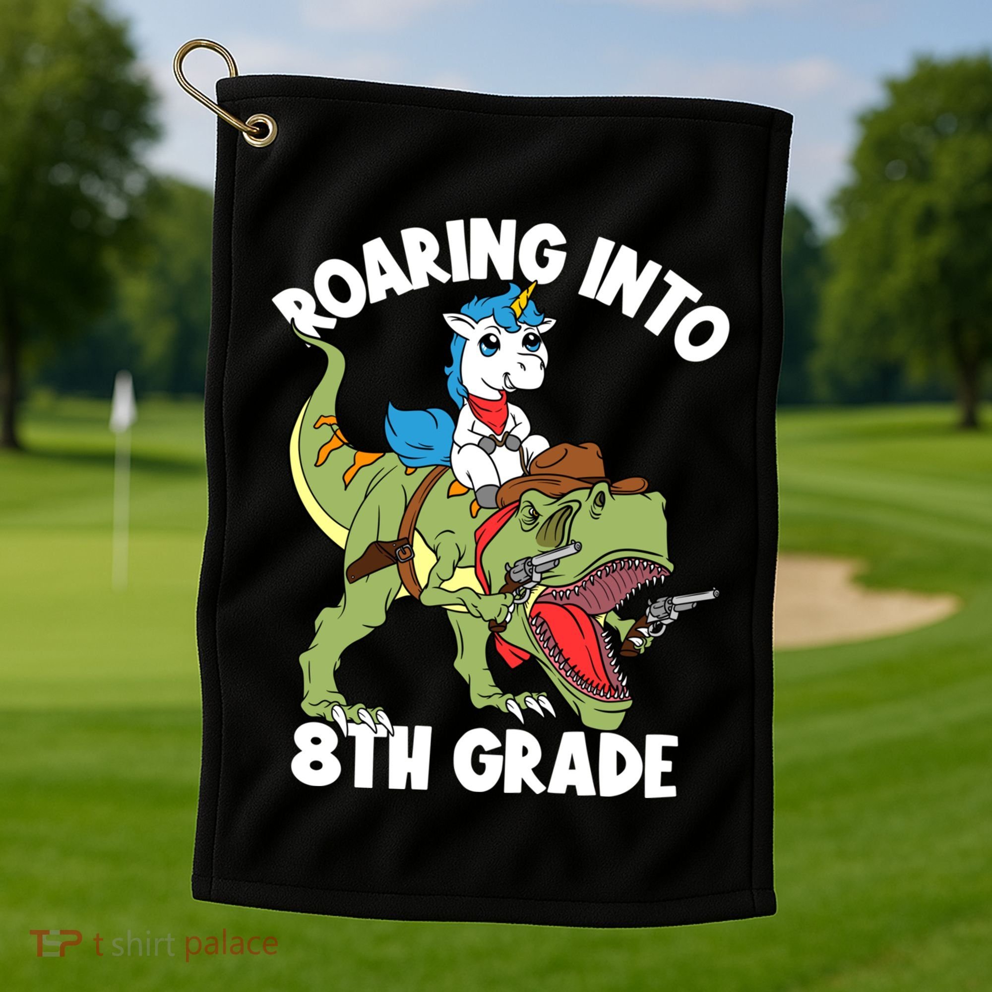 Roaring Into 8th Grade Unicorn Riding Dinosaur Gift Golf Towel
