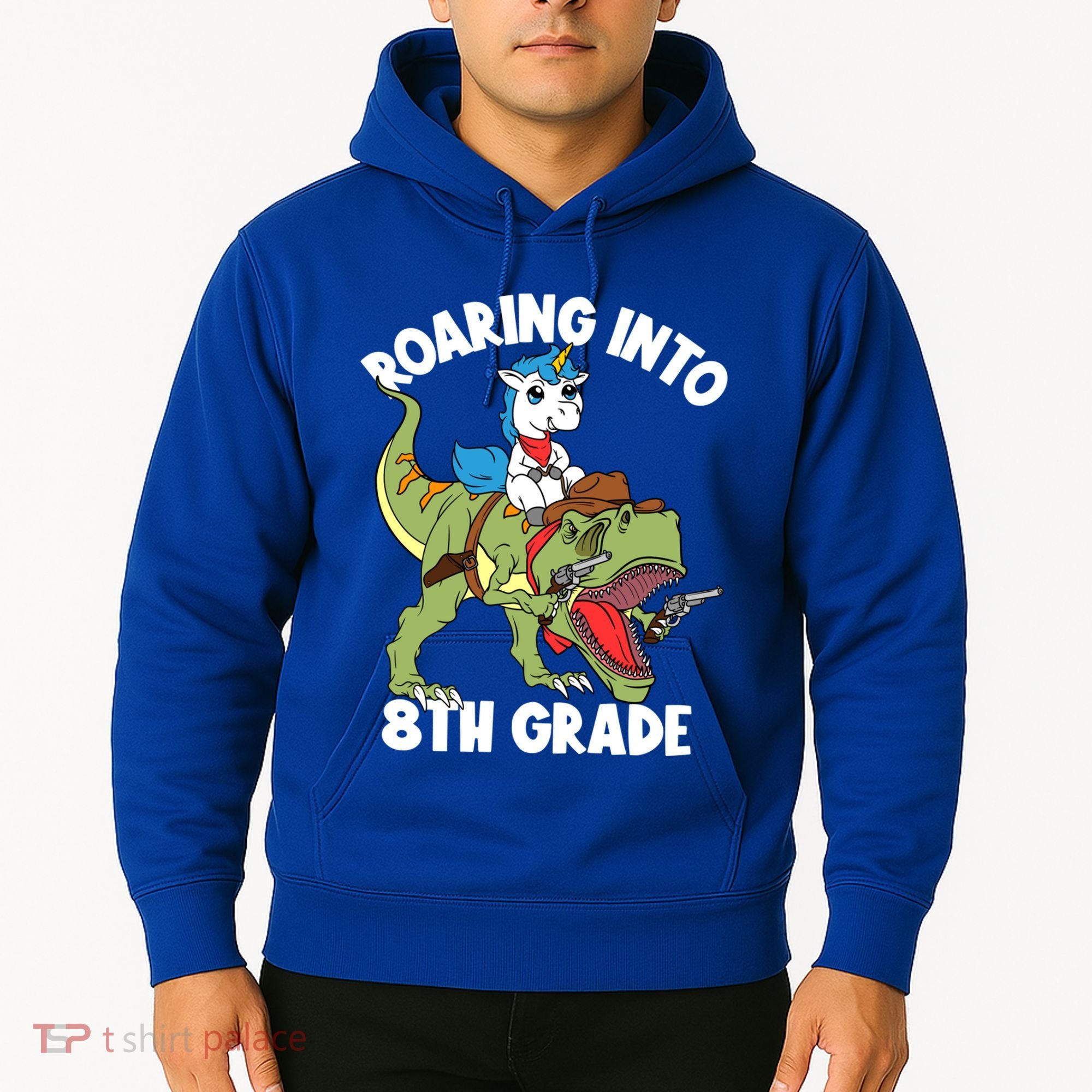 Roaring Into 8th Grade Unicorn Riding Dinosaur Gift Hoodie