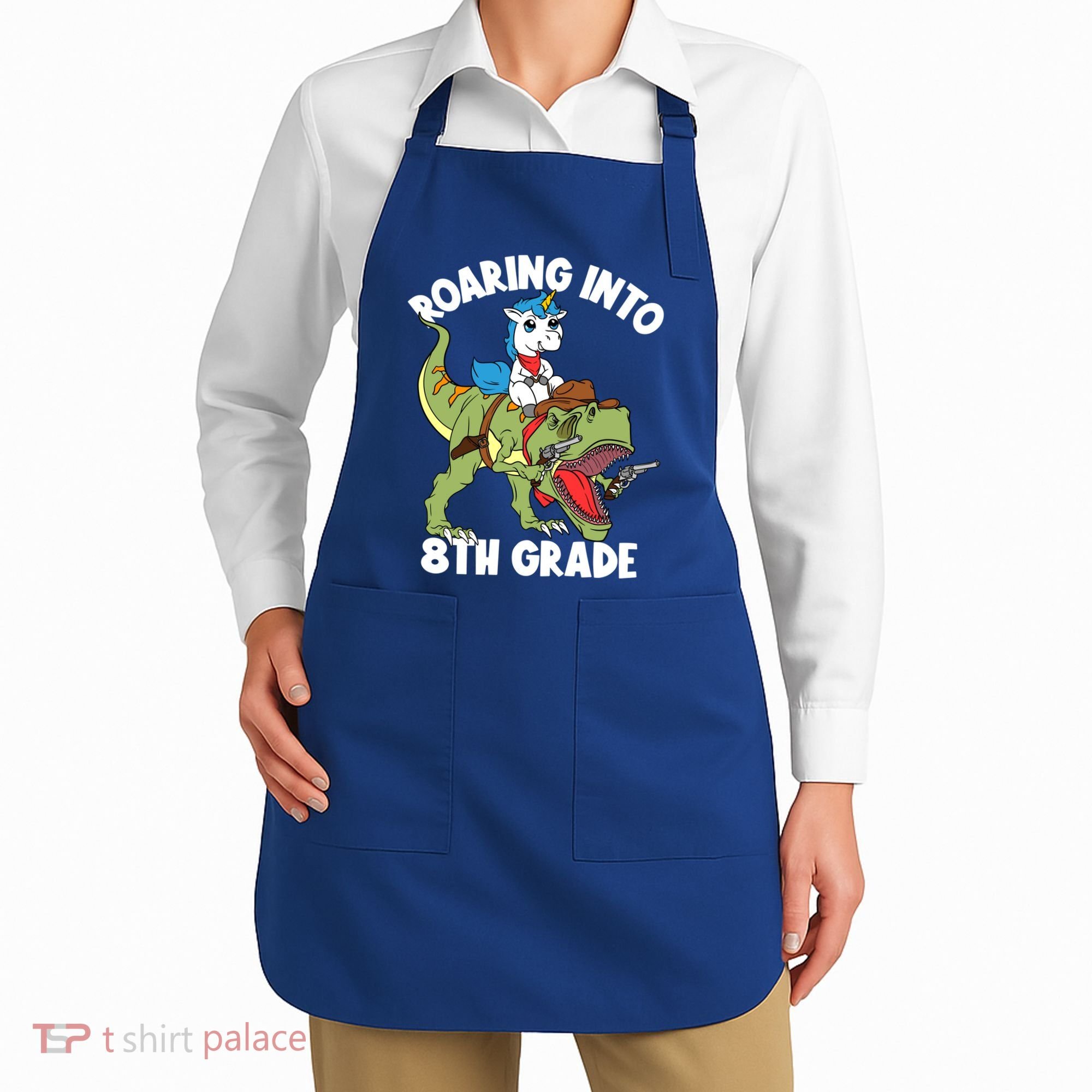 Roaring Into 8th Grade Unicorn Riding Dinosaur Gift Apron