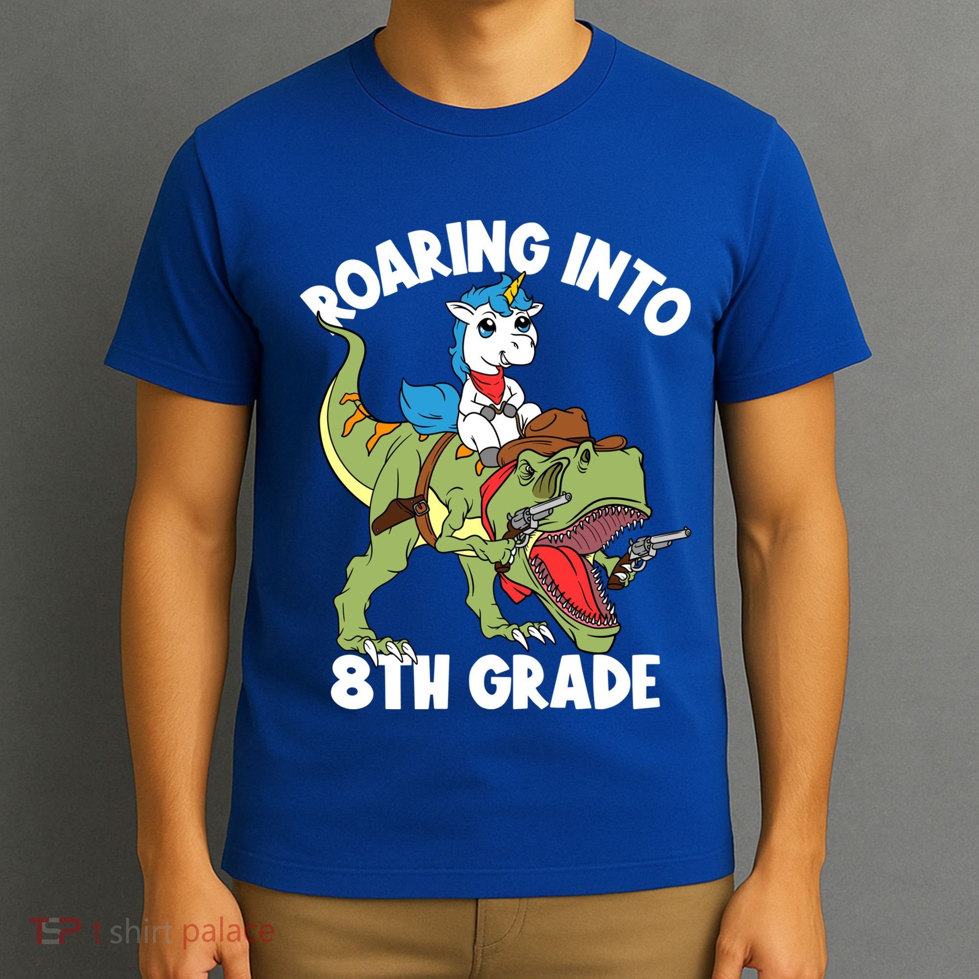 Roaring Into 8th Grade Unicorn Riding Dinosaur Gift T-Shirt