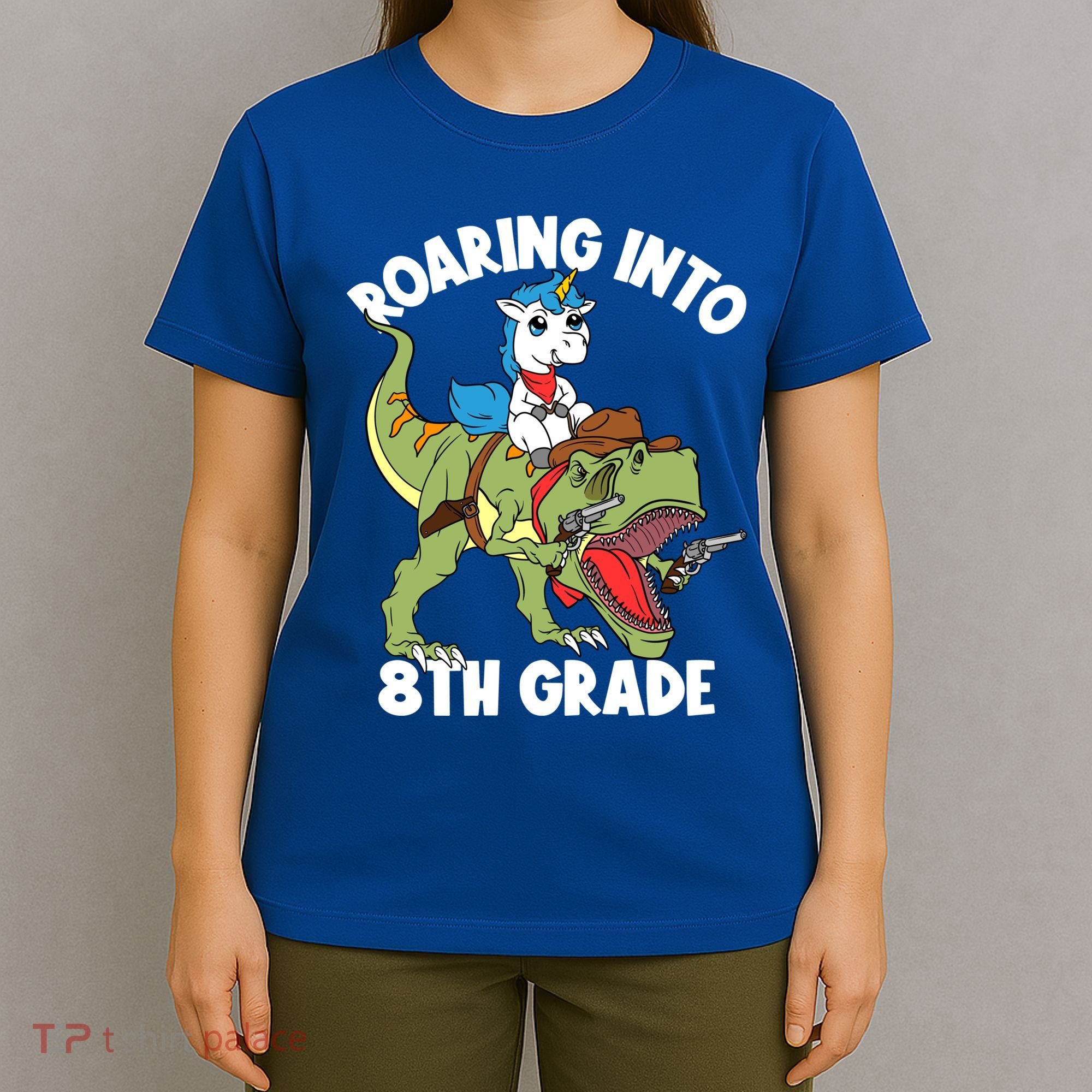 Roaring Into 8th Grade Unicorn Riding Dinosaur Gift T-Shirt
