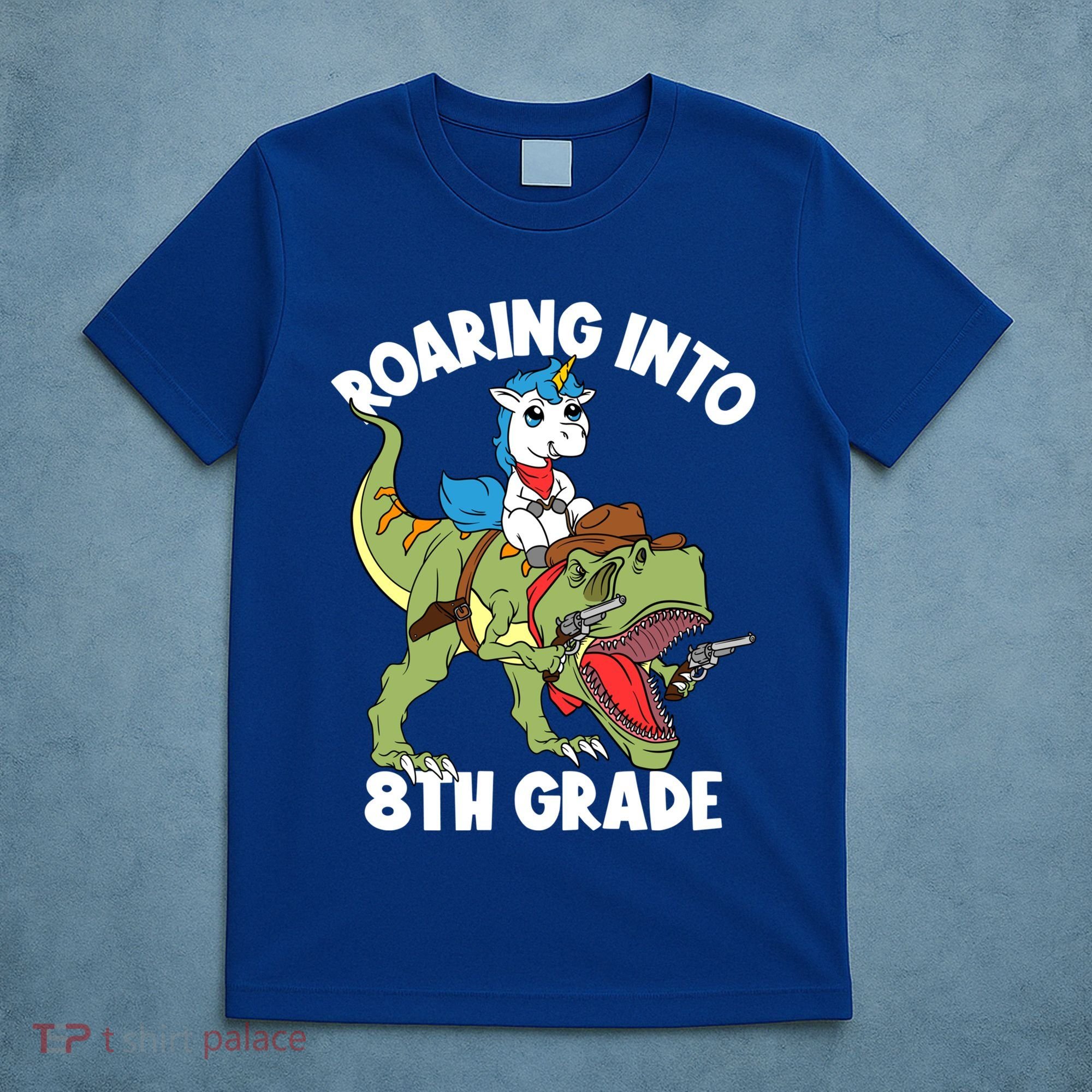 Roaring Into 8th Grade Unicorn Riding Dinosaur Gift T-Shirt