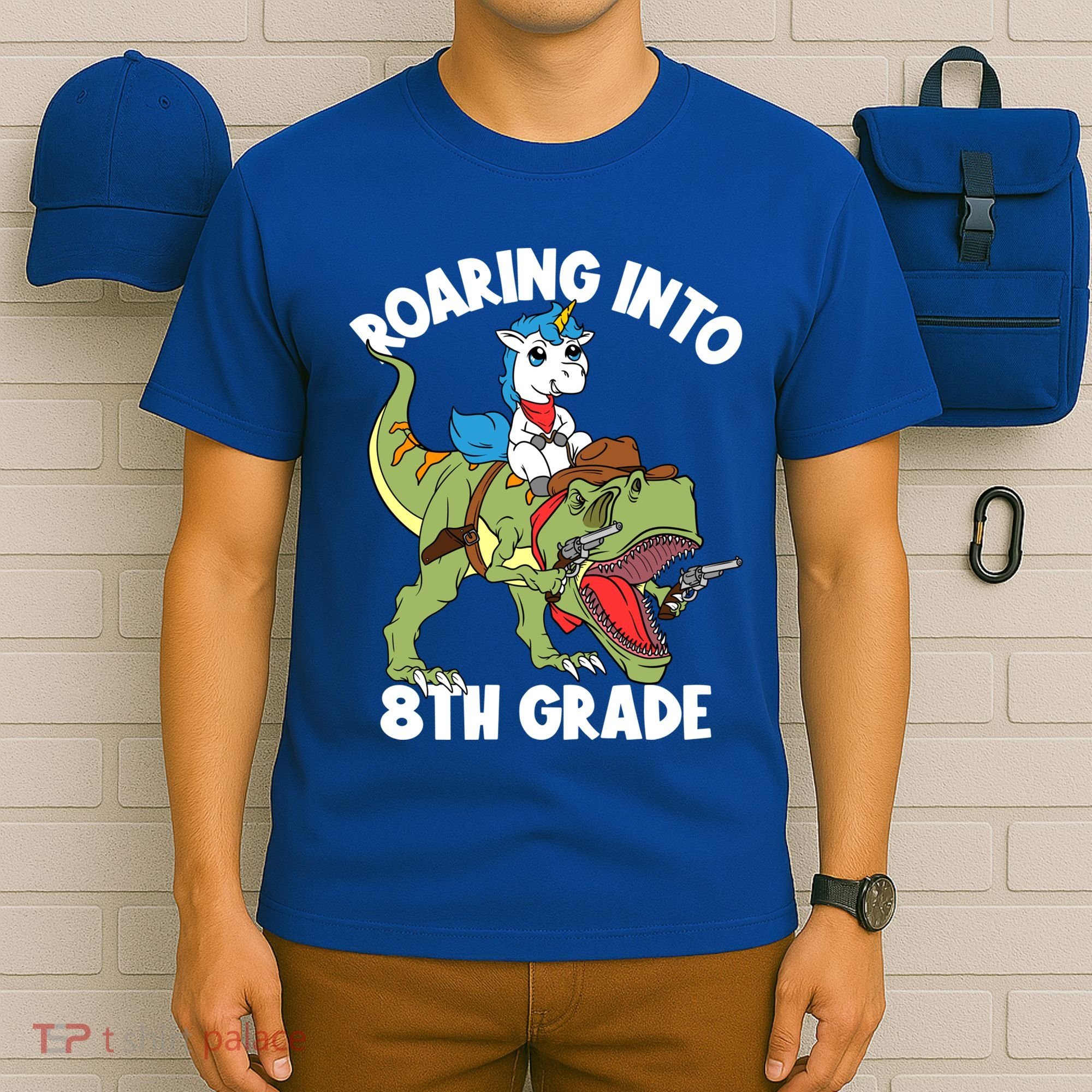 Roaring Into 8th Grade Unicorn Riding Dinosaur Gift T-Shirt
