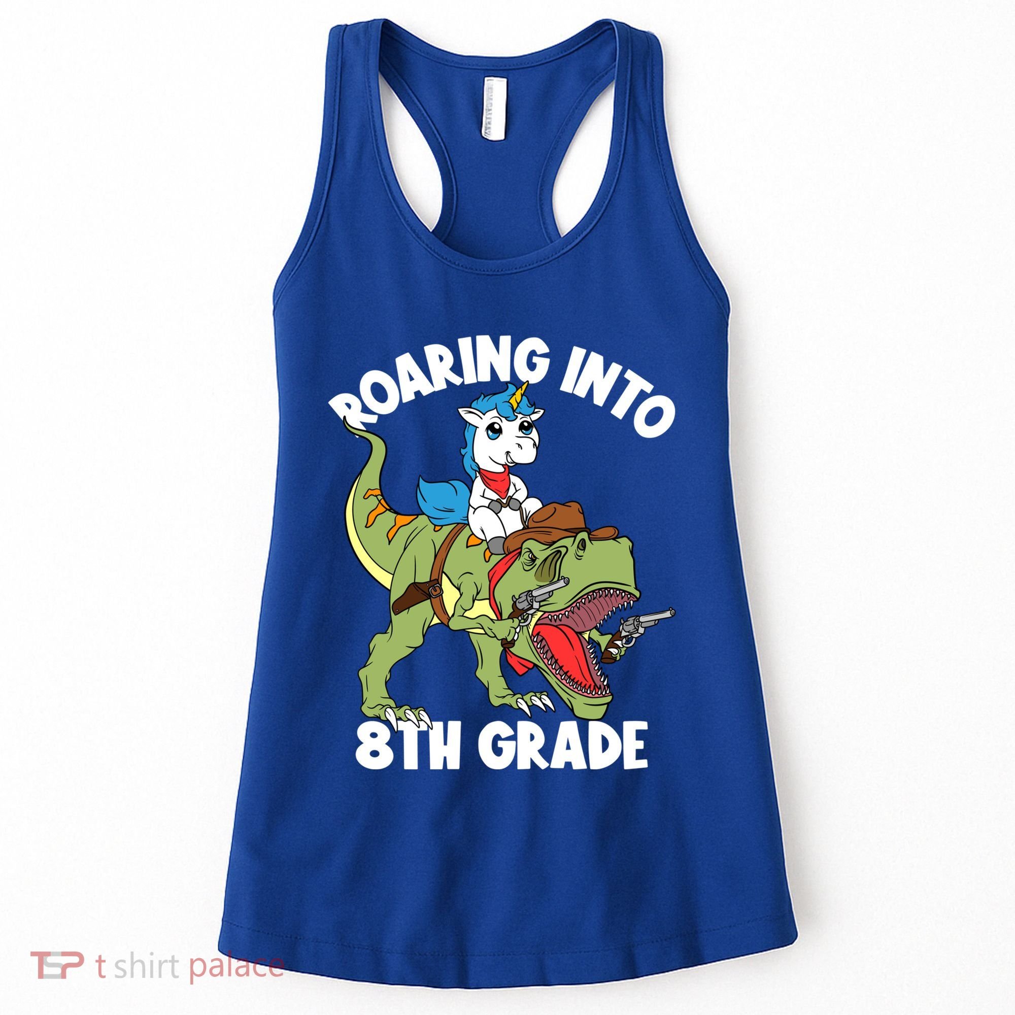 Roaring Into 8th Grade Unicorn Riding Dinosaur Gift Women's Tank Top