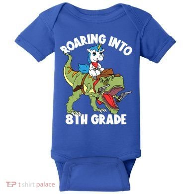 Roaring Into 8th Grade Unicorn Riding Dinosaur Gift Baby Bodysuit