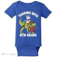 Roaring Into 8th Grade Unicorn Riding Dinosaur Gift Baby Bodysuit thumb 0