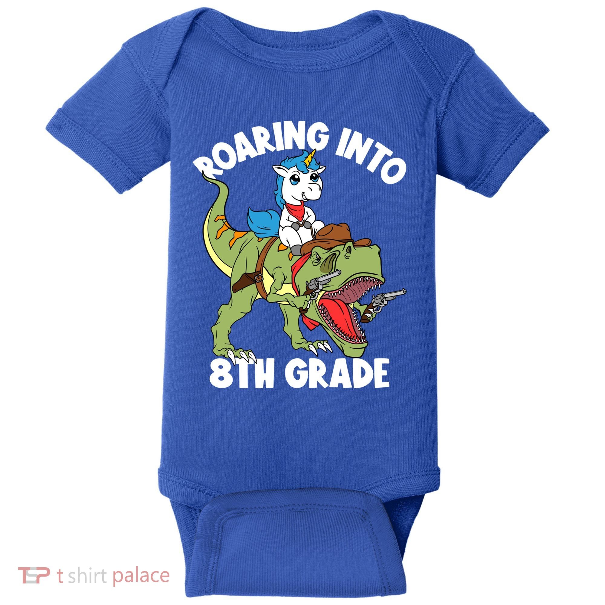 Roaring Into 8th Grade Unicorn Riding Dinosaur Gift Baby Bodysuit