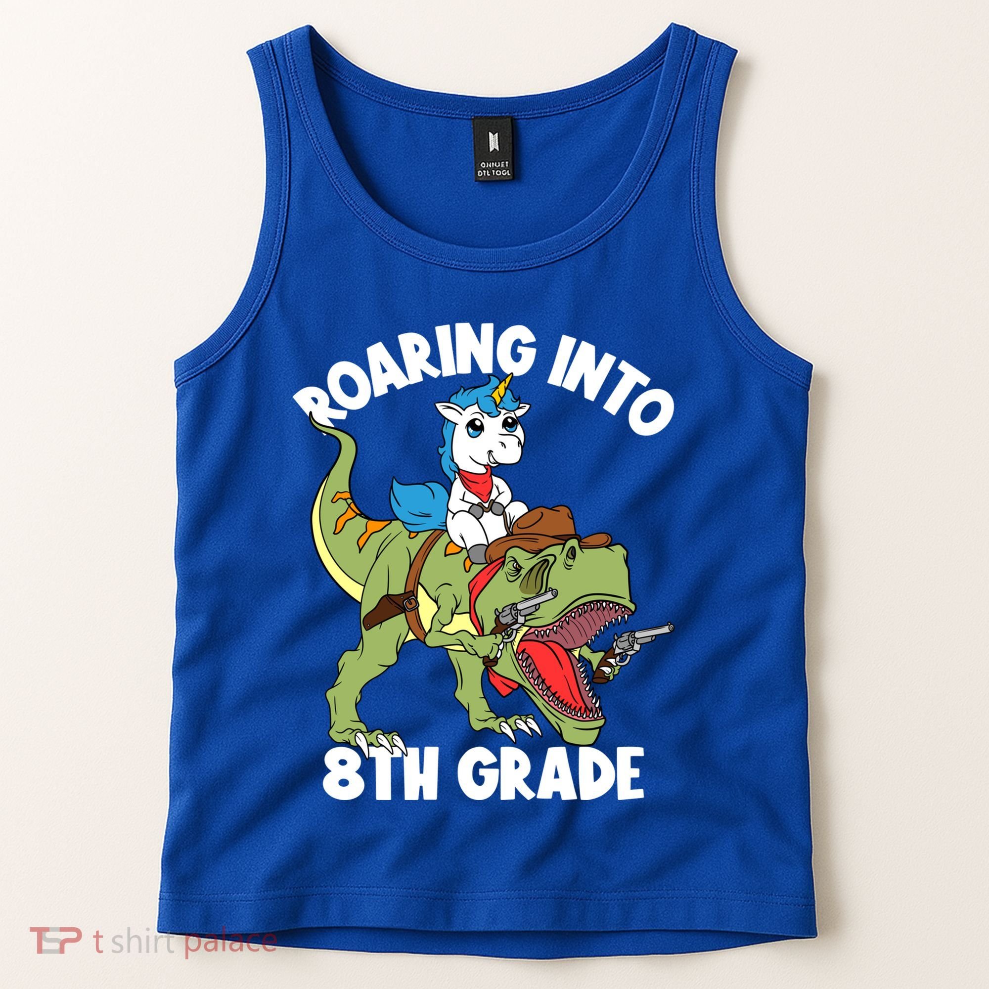 Roaring Into 8th Grade Unicorn Riding Dinosaur Gift Tank Top