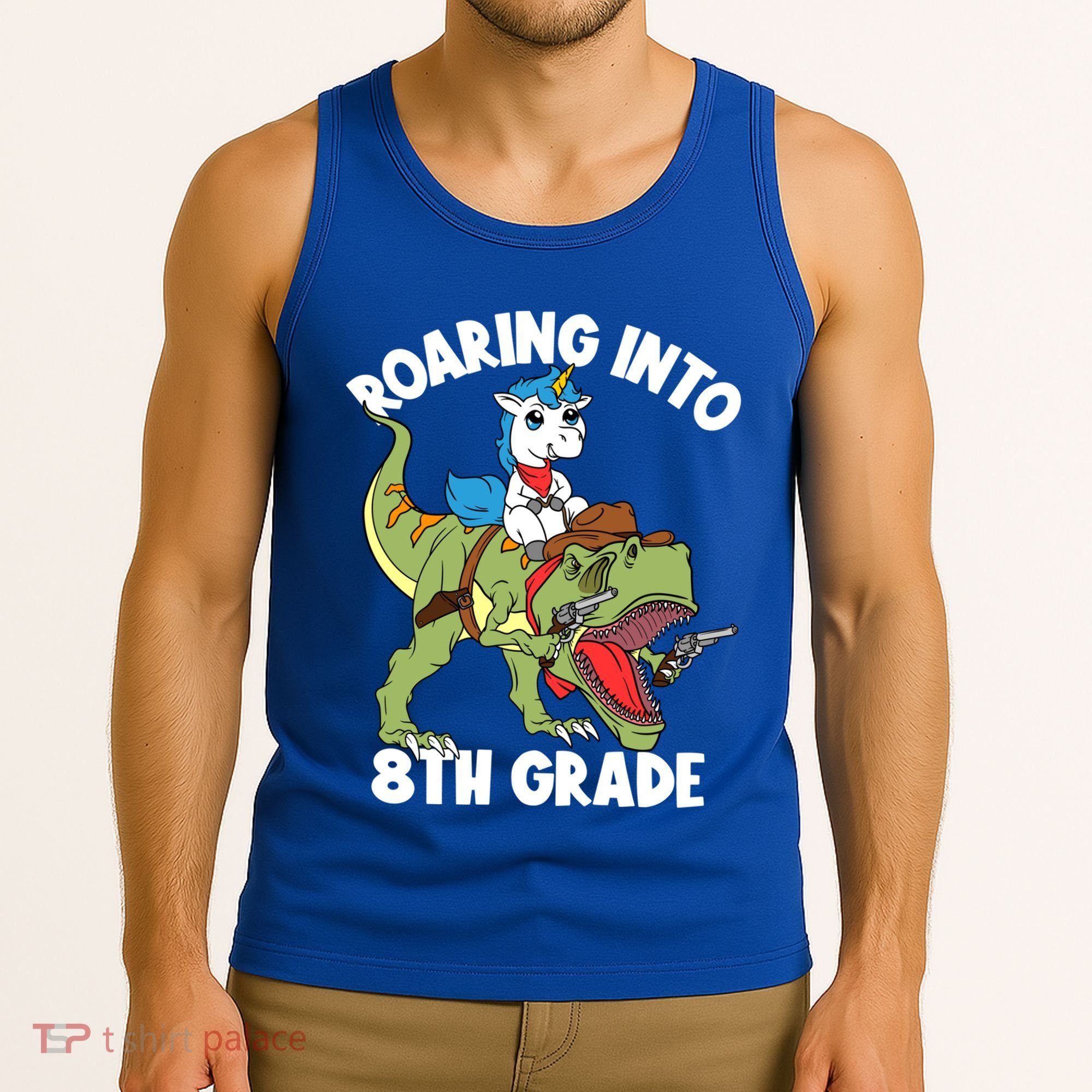 Roaring Into 8th Grade Unicorn Riding Dinosaur Gift Tank Top