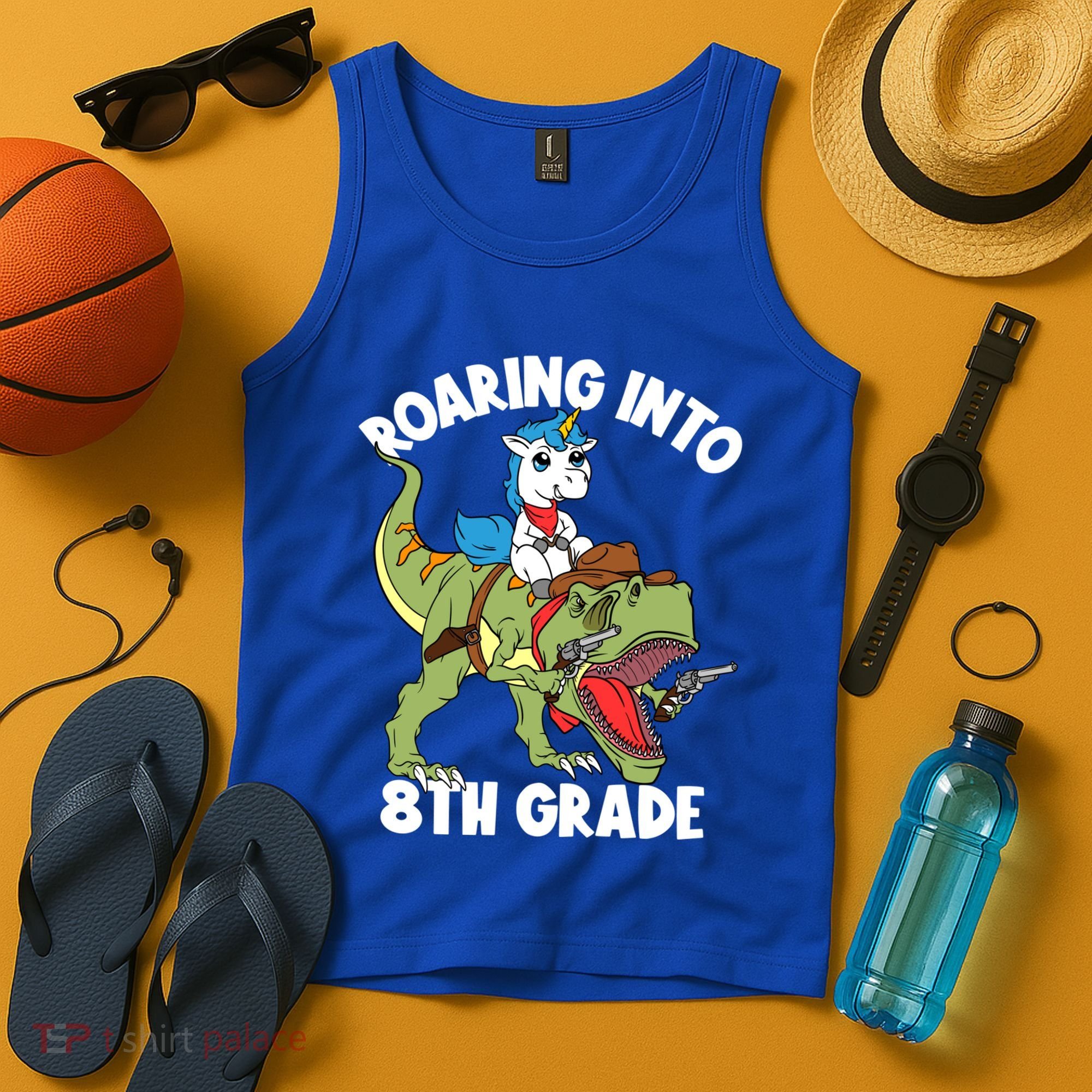 Roaring Into 8th Grade Unicorn Riding Dinosaur Gift Tank Top