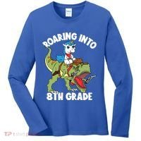 Roaring Into 8th Grade Unicorn Riding Dinosaur Gift Women's Long Sleeve Shirt thumb 0