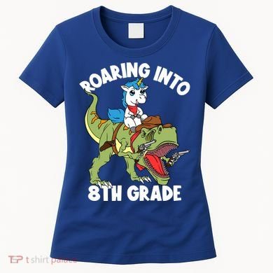 Roaring Into 8th Grade Unicorn Riding Dinosaur Gift Women's T-Shirt