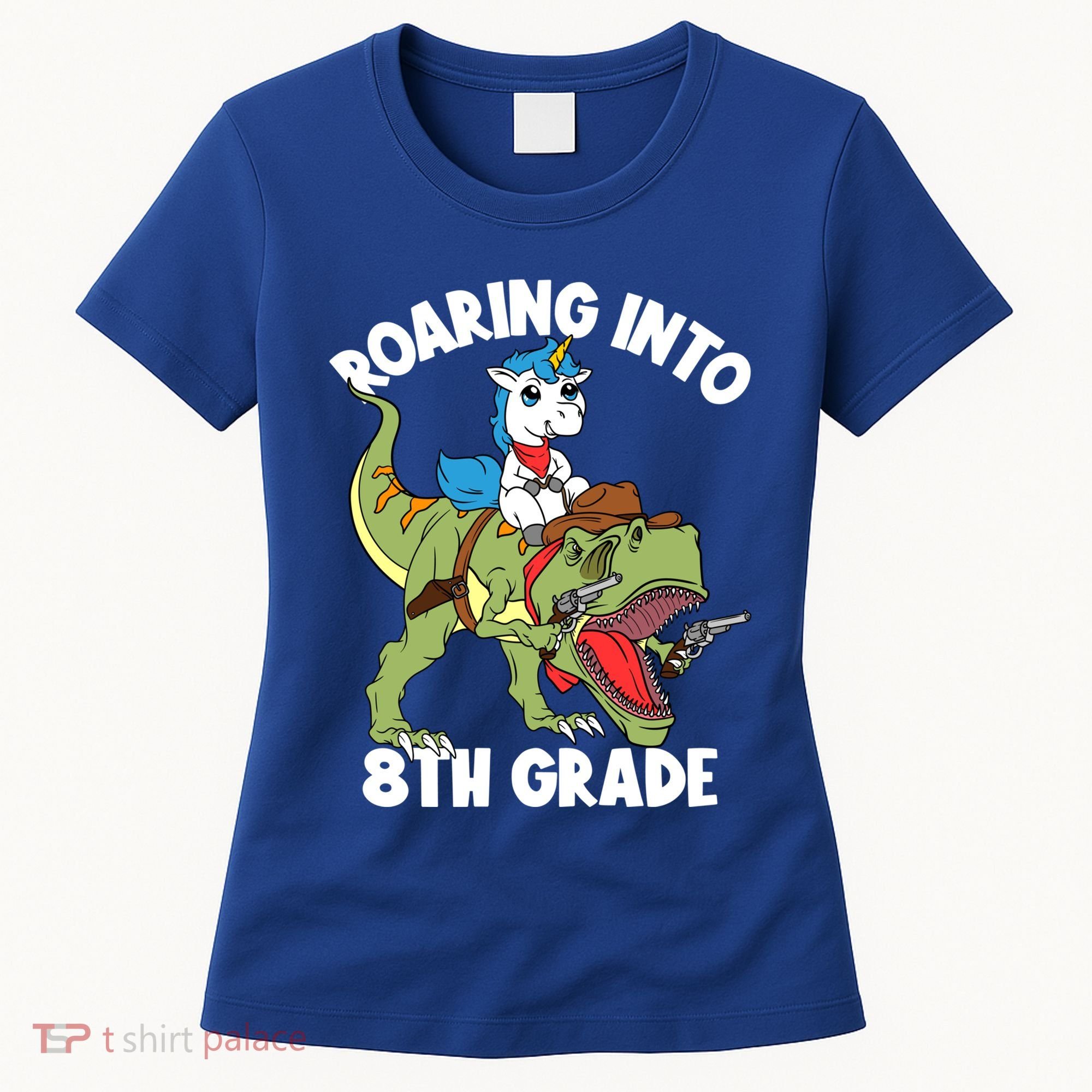 Roaring Into 8th Grade Unicorn Riding Dinosaur Gift Women's T-Shirt
